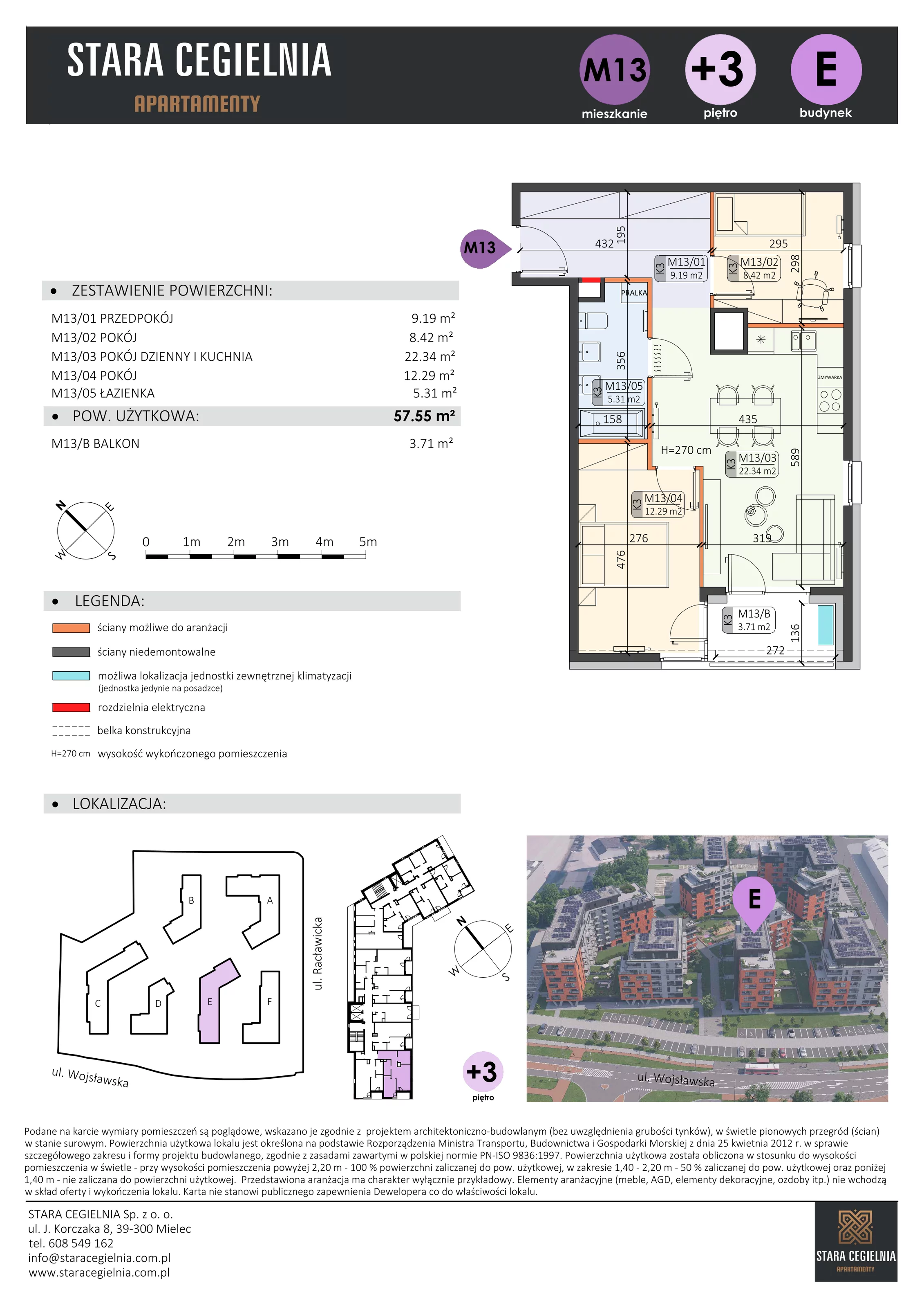 3 pokoje, mieszkanie 57,55 m², piętro 3, oferta nr E/M13, Stara Cegielnia etap II, Mielec, ul. Wojsławska 1