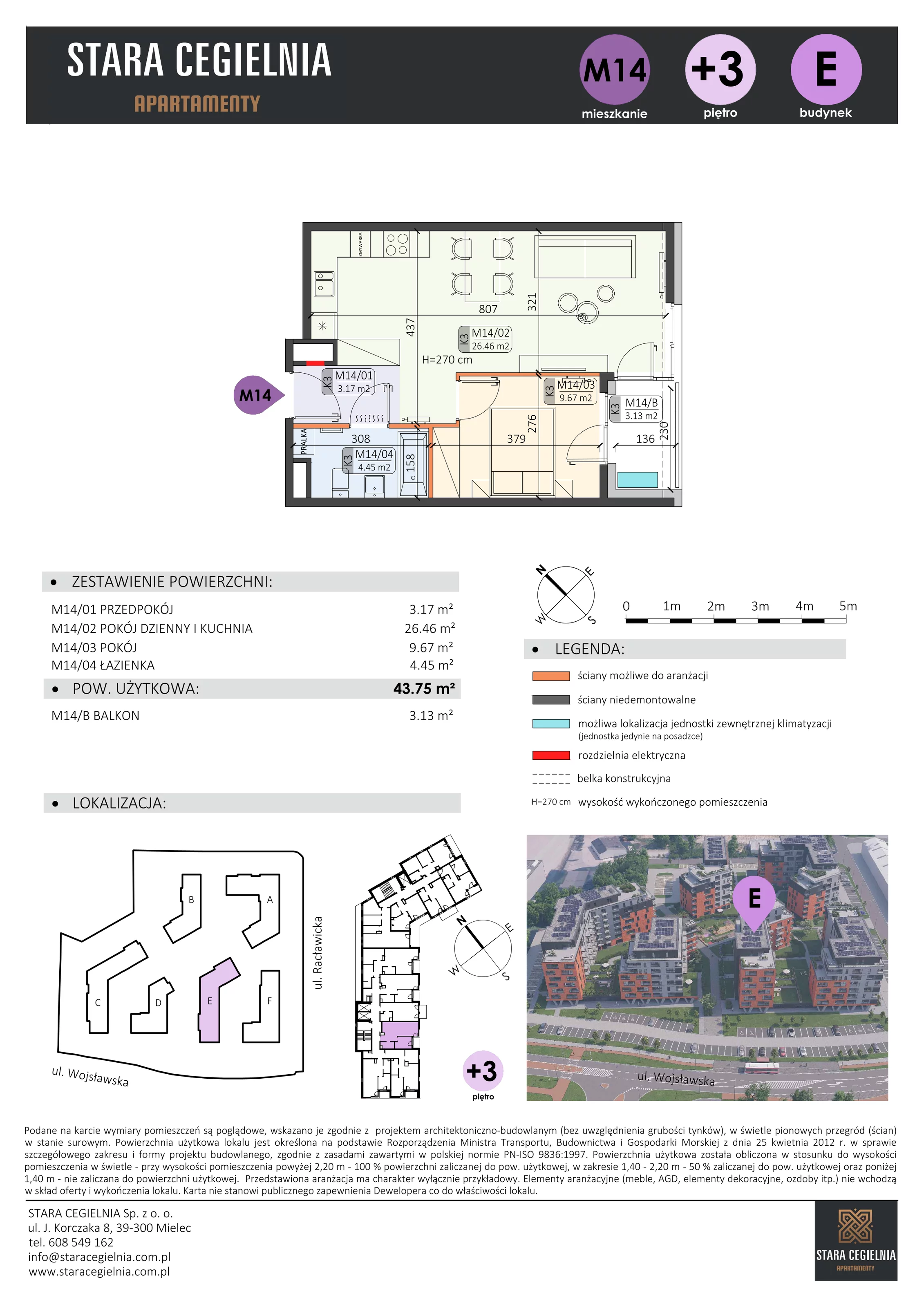 2 pokoje, mieszkanie 43,75 m², piętro 3, oferta nr E/M14, Stara Cegielnia etap II, Mielec, ul. Wojsławska 1