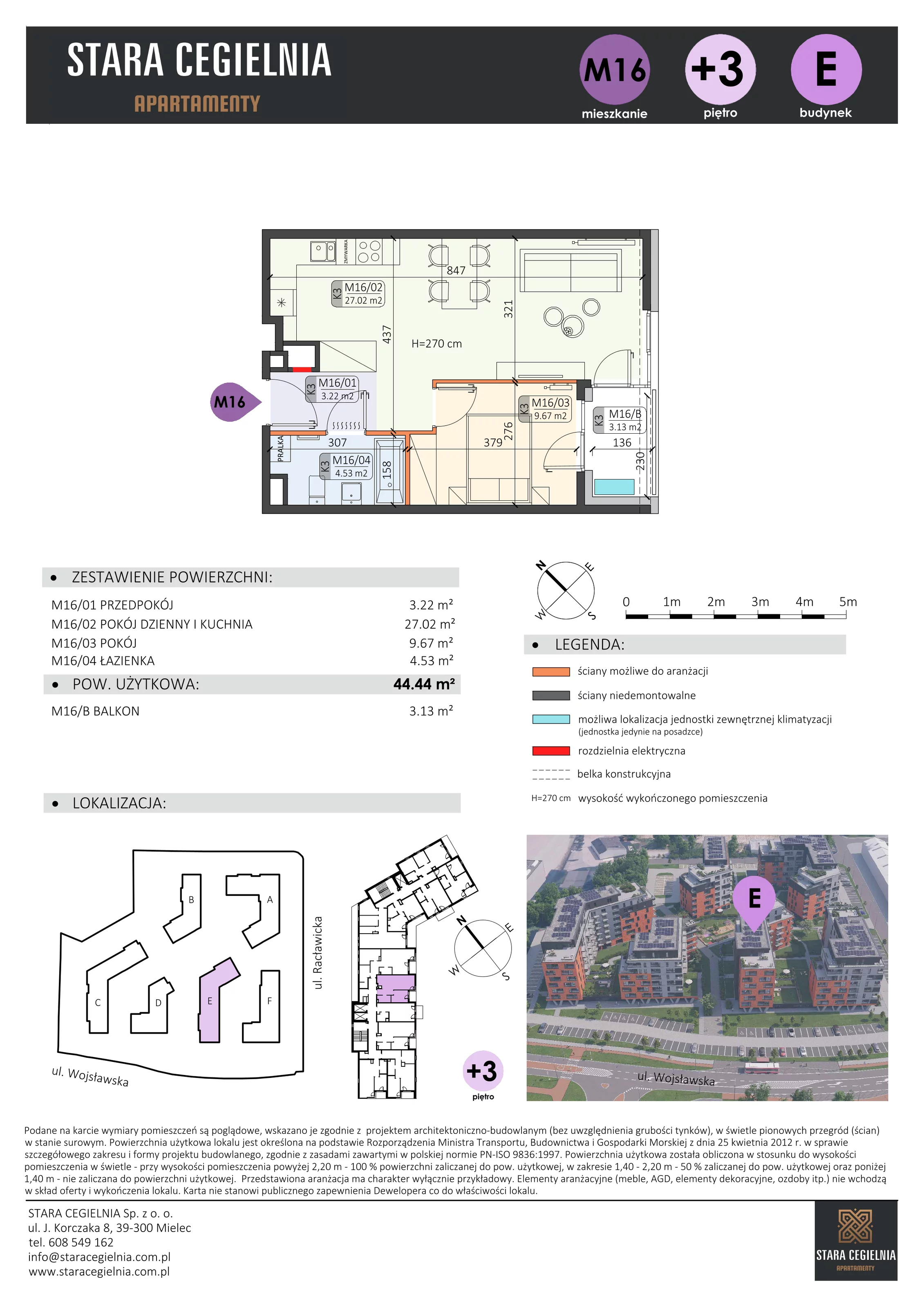 2 pokoje, mieszkanie 44,44 m², piętro 3, oferta nr E/M16, Stara Cegielnia etap II, Mielec, ul. Wojsławska 1