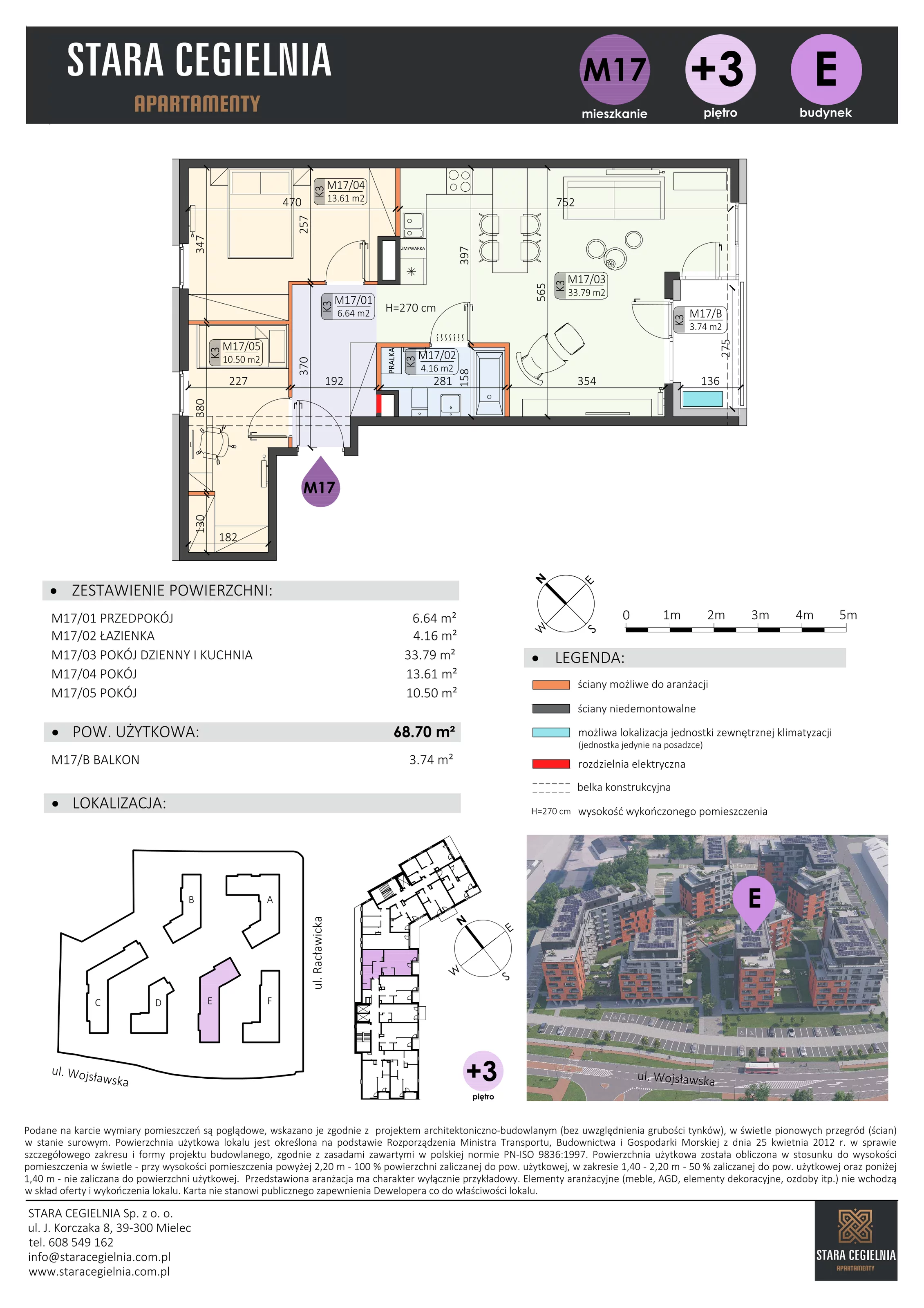 3 pokoje, mieszkanie 68,70 m², piętro 3, oferta nr E/M17, Stara Cegielnia etap II, Mielec, ul. Wojsławska 1