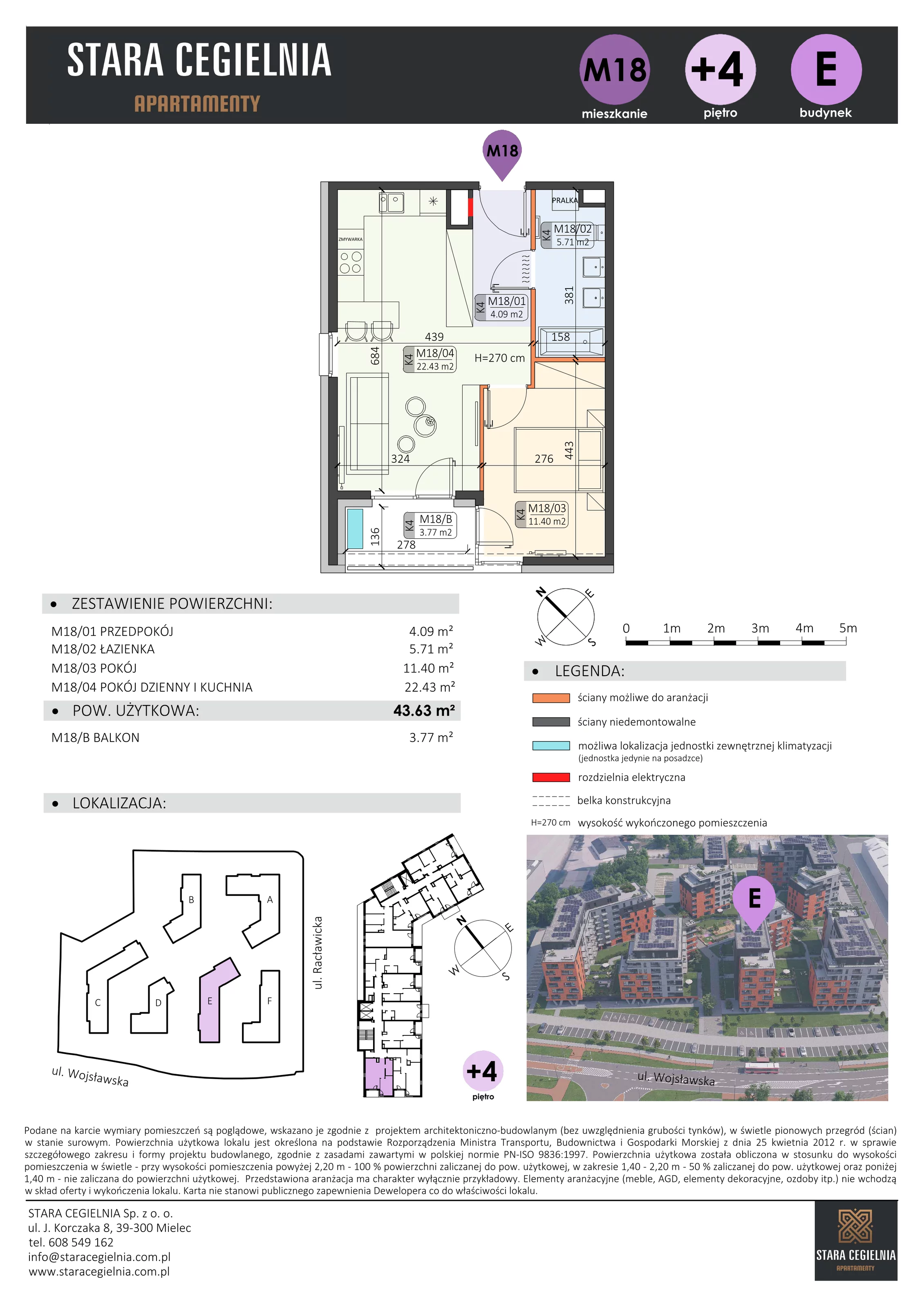 2 pokoje, mieszkanie 43,63 m², piętro 4, oferta nr E/M18, Stara Cegielnia etap II, Mielec, ul. Wojsławska 1