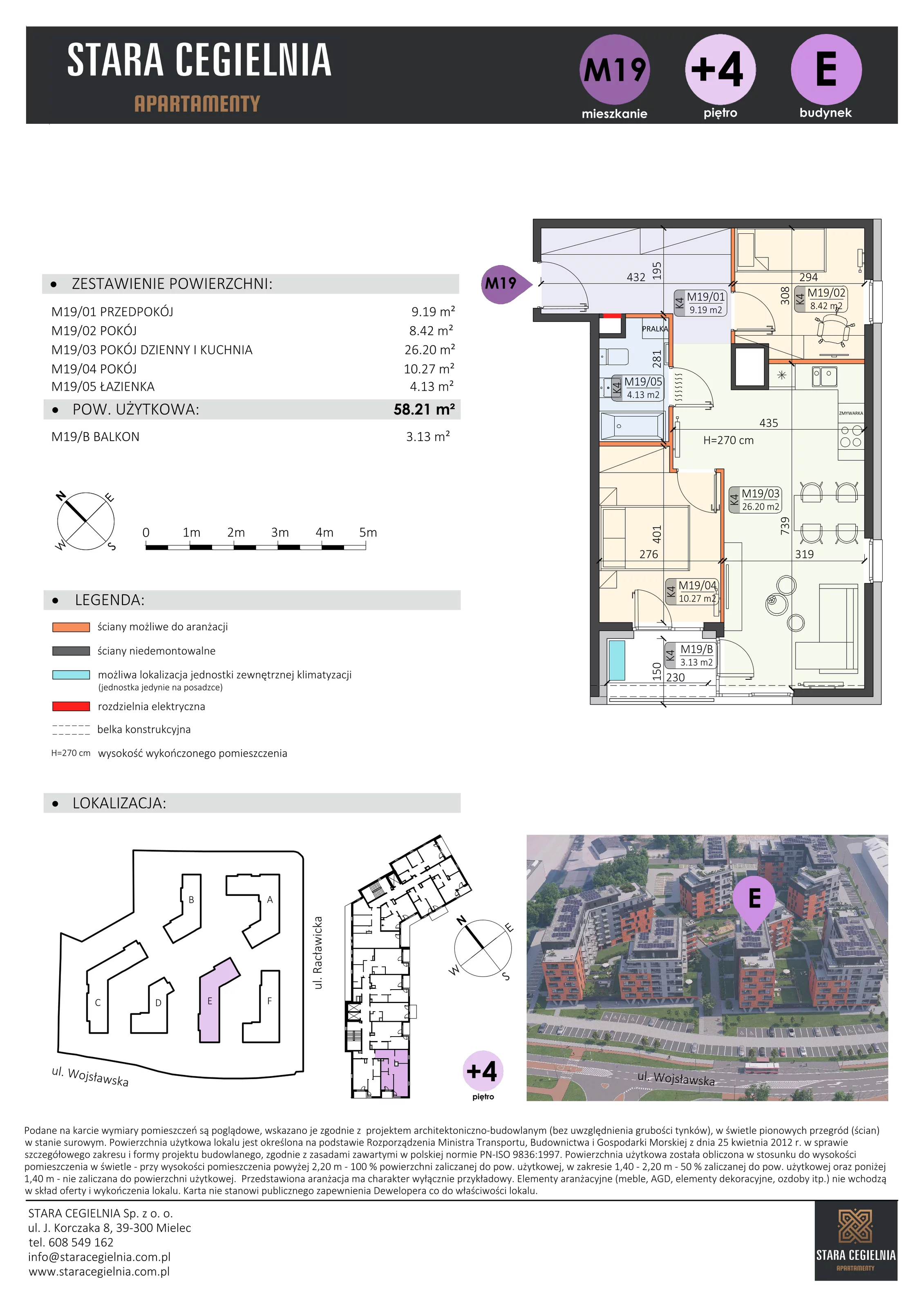 3 pokoje, mieszkanie 58,21 m², piętro 4, oferta nr E/M19, Stara Cegielnia etap II, Mielec, ul. Wojsławska 1