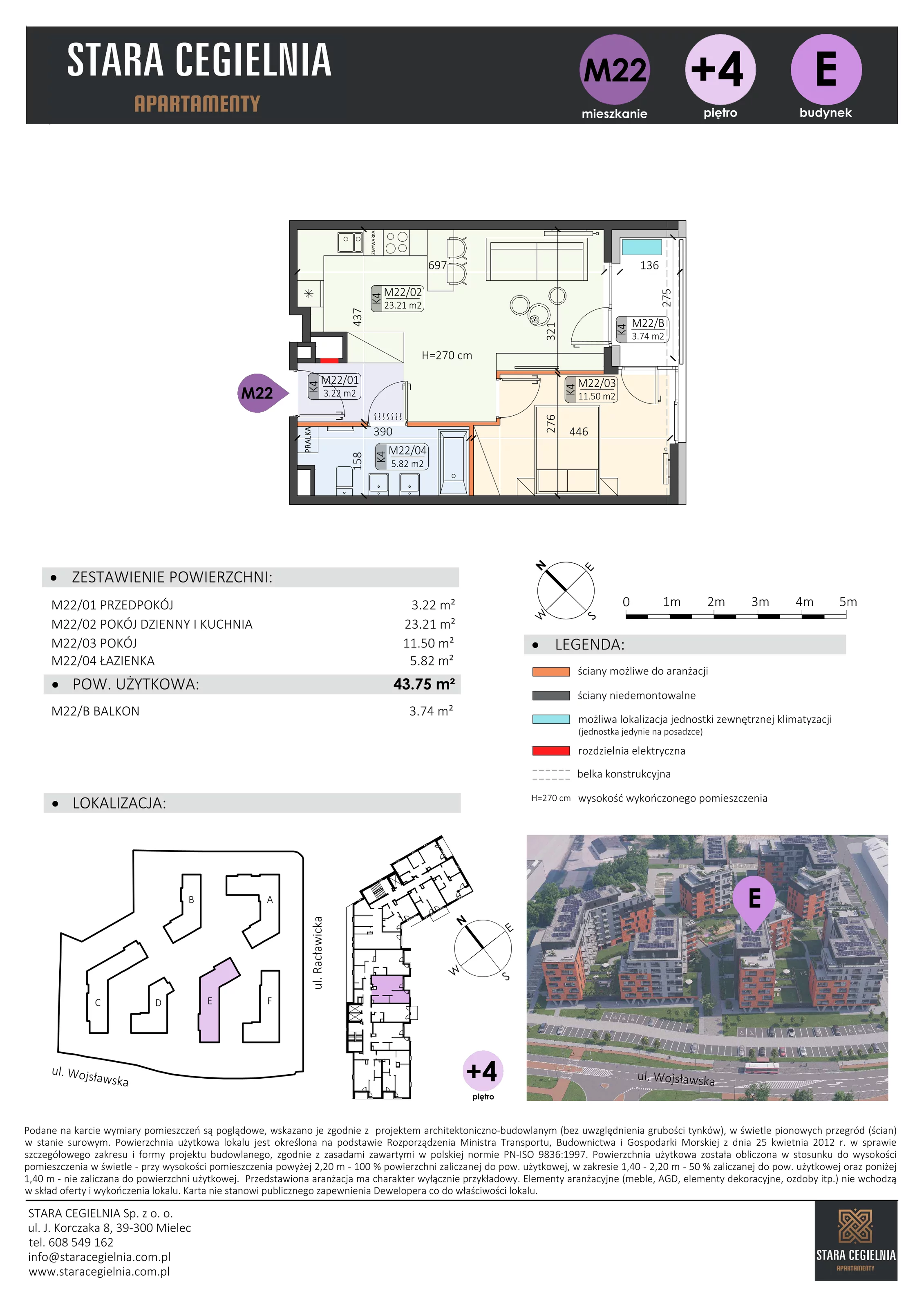 2 pokoje, mieszkanie 43,75 m², piętro 4, oferta nr E/M22, Stara Cegielnia etap II, Mielec, ul. Wojsławska 1