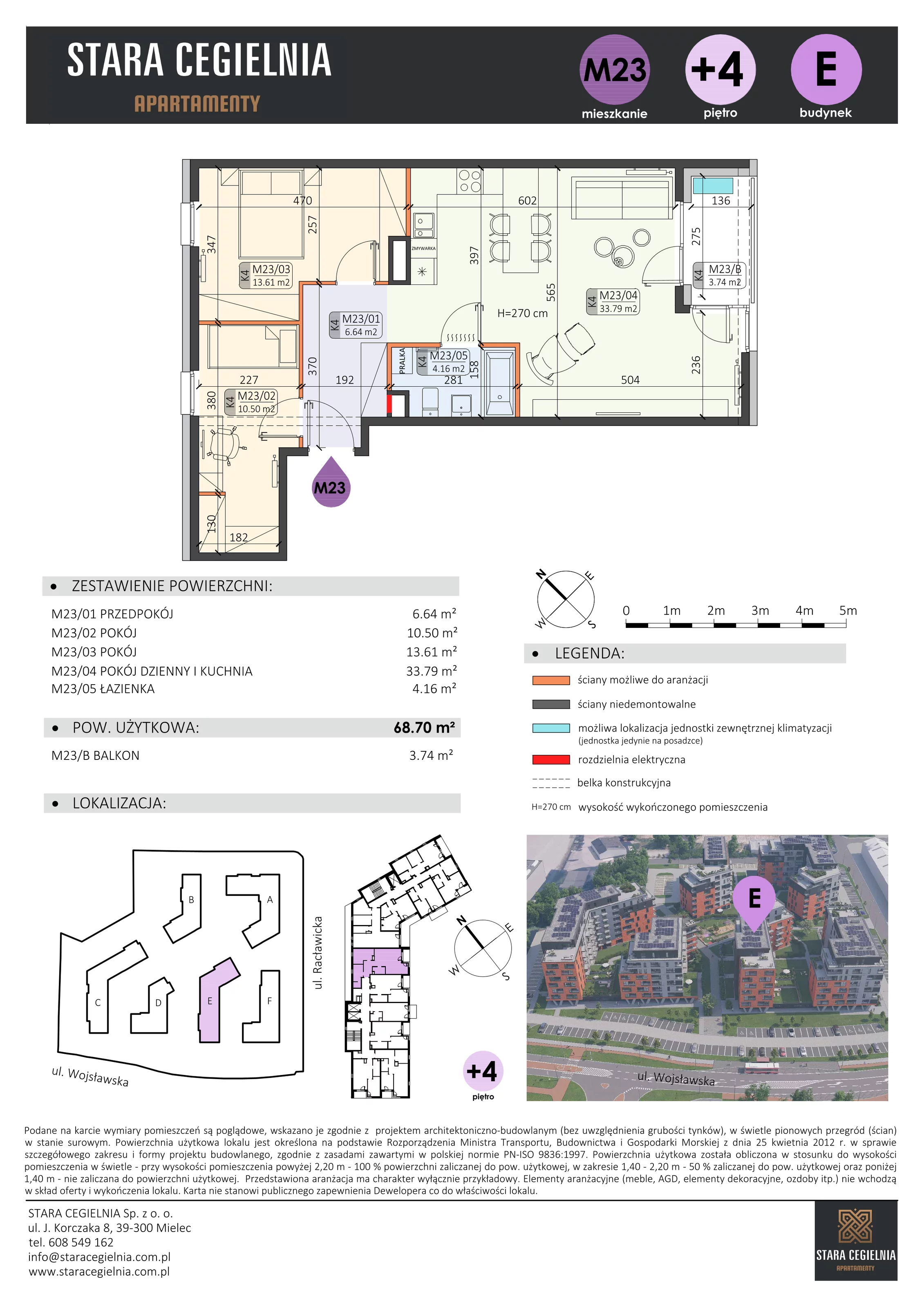 3 pokoje, mieszkanie 68,70 m², piętro 4, oferta nr E/M23, Stara Cegielnia etap II, Mielec, ul. Wojsławska 1