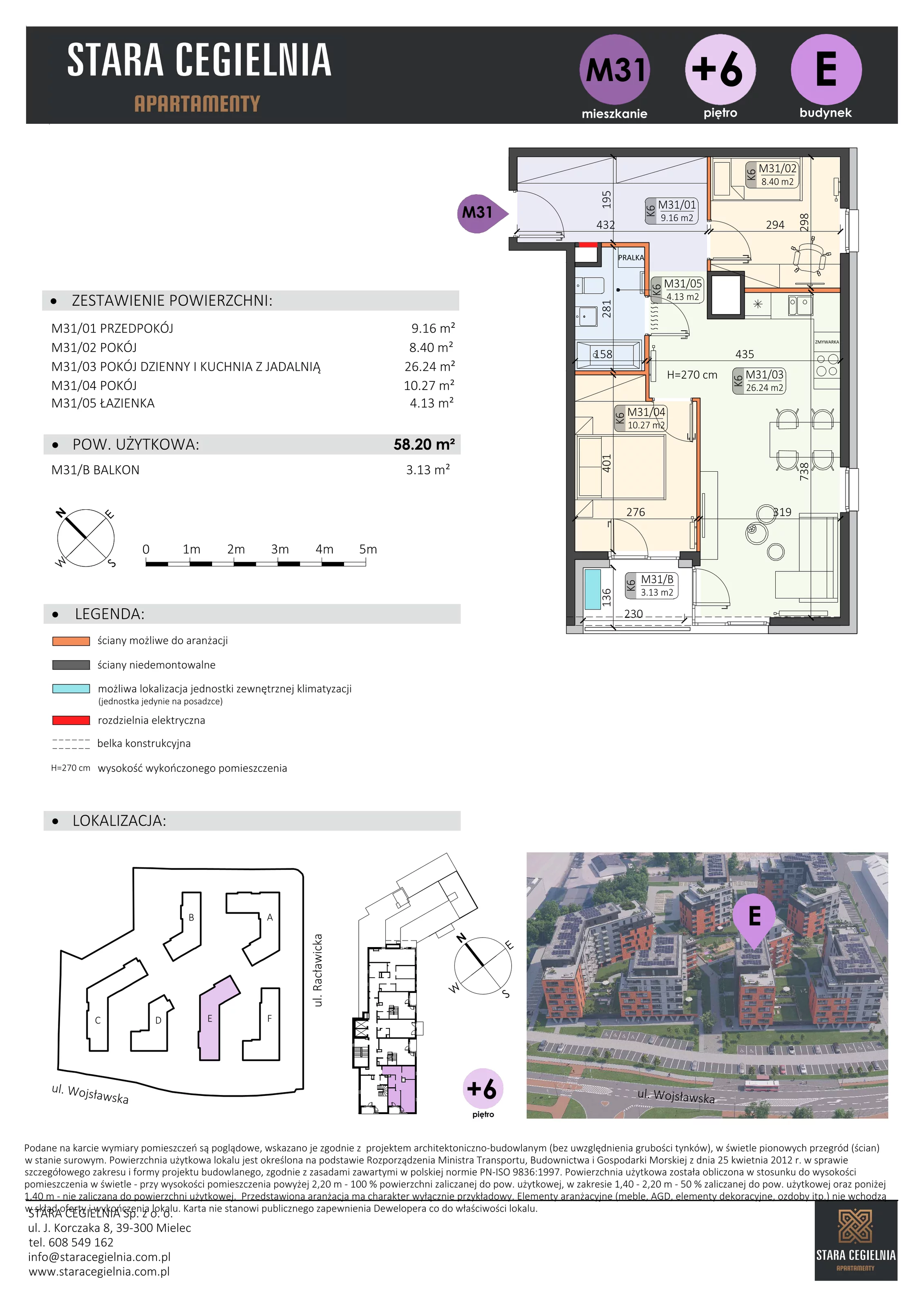 3 pokoje, mieszkanie 58,20 m², piętro 6, oferta nr E/M31, Stara Cegielnia etap II, Mielec, ul. Wojsławska 1