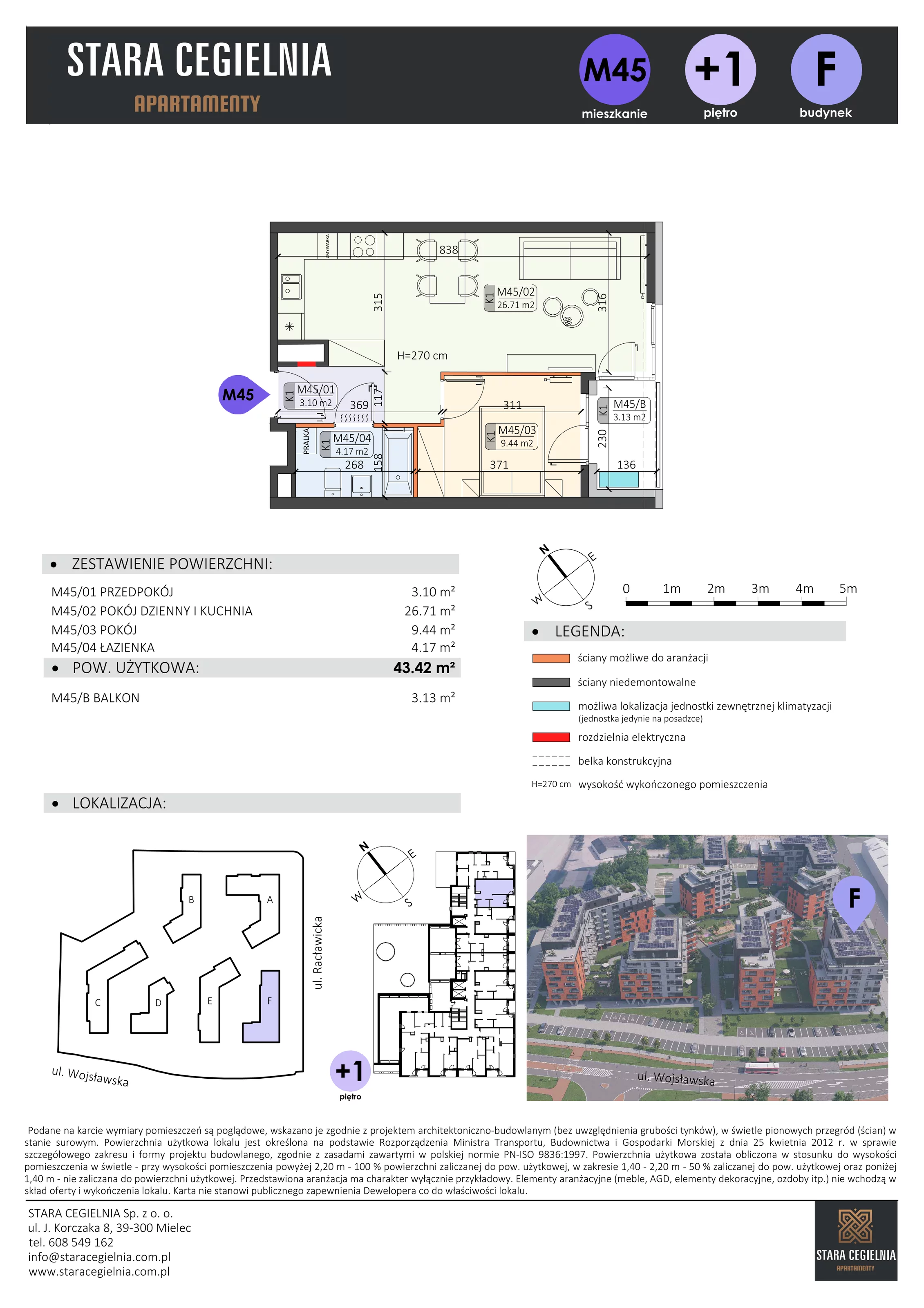 2 pokoje, mieszkanie 43,42 m², parter, oferta nr F/M45, Stara Cegielnia etap II, Mielec, ul. Wojsławska 1