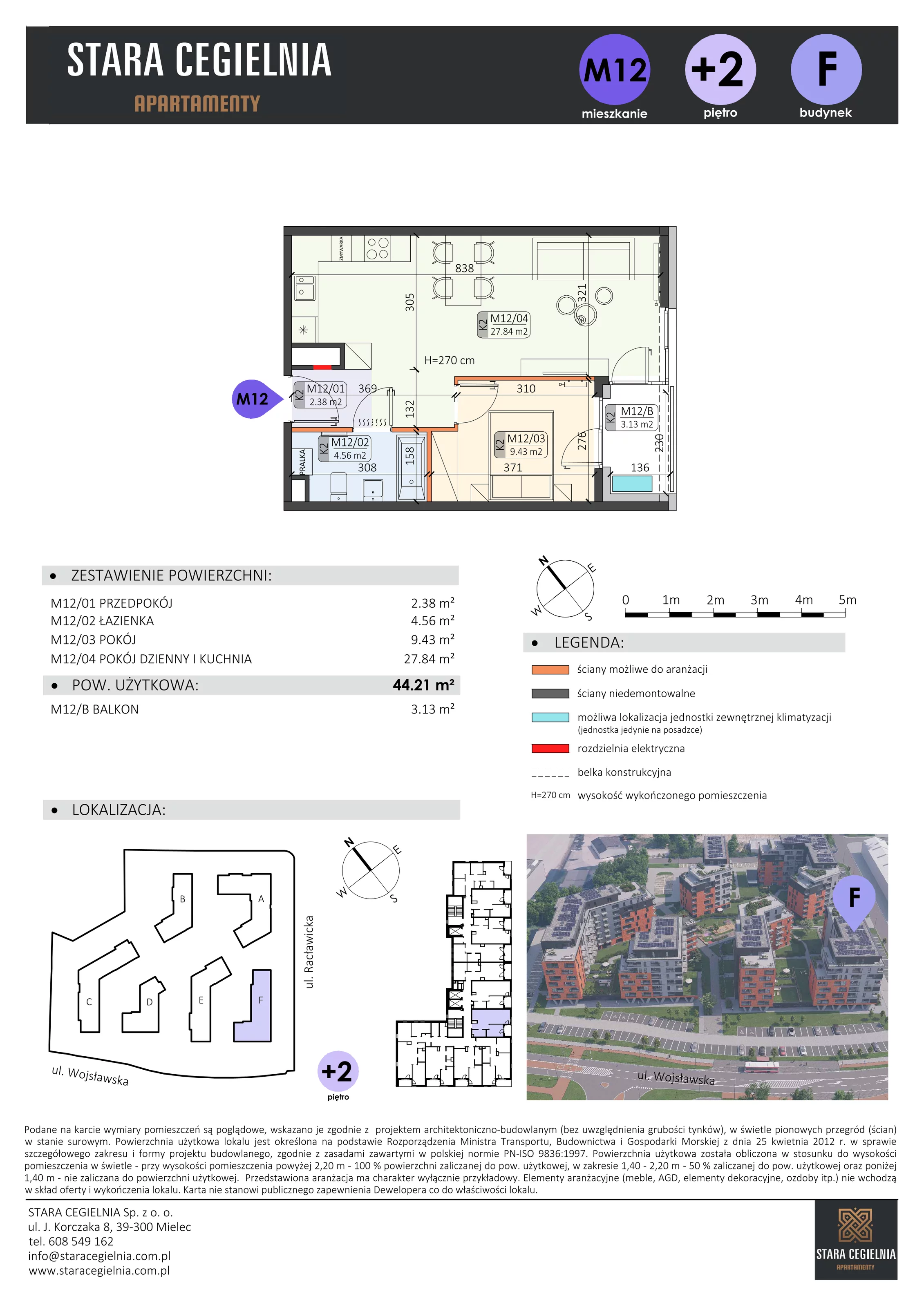 2 pokoje, mieszkanie 44,21 m², piętro 1, oferta nr F/M12, Stara Cegielnia etap II, Mielec, ul. Wojsławska 1