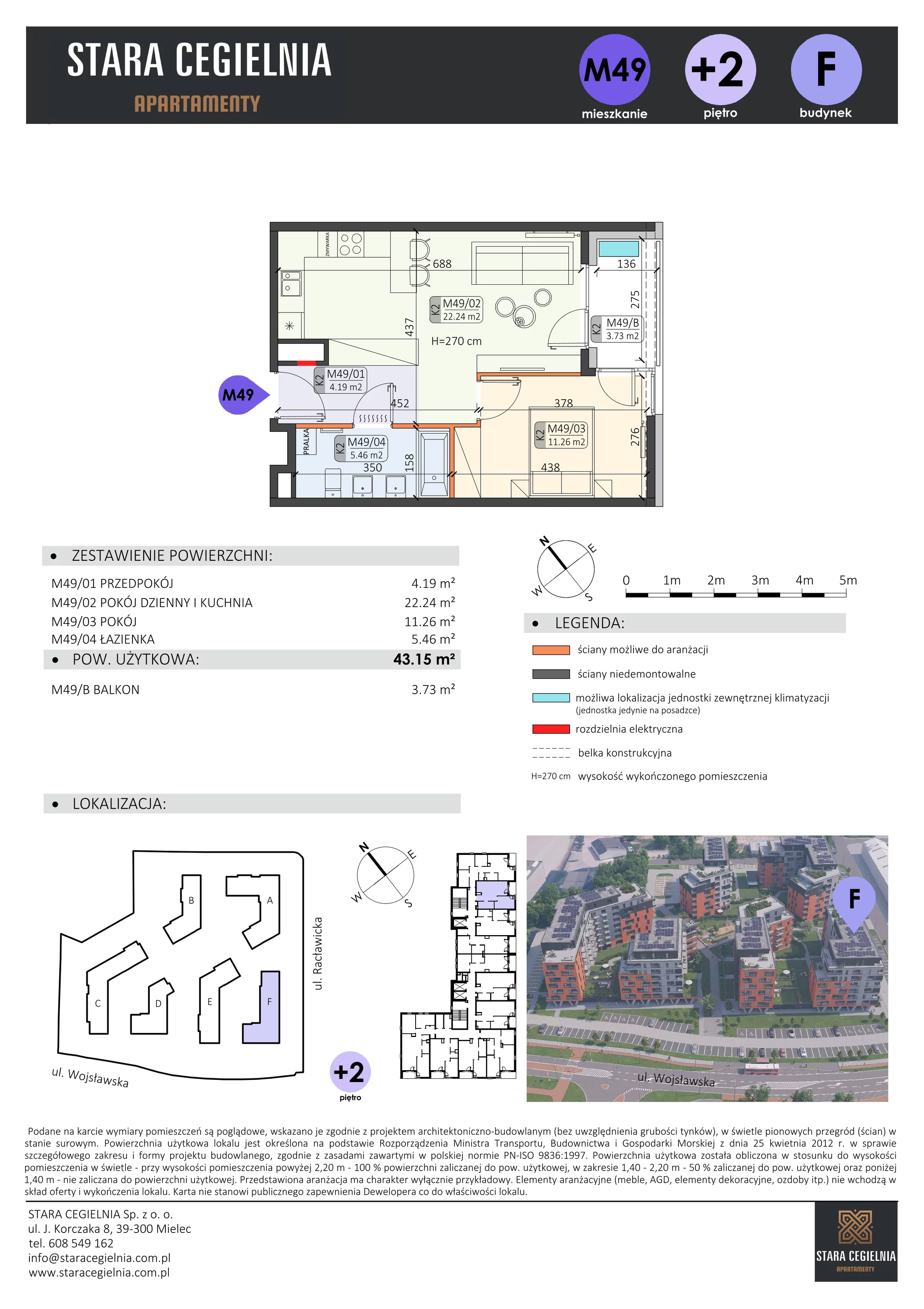 2 pokoje, mieszkanie 43,15 m², piętro 1, oferta nr F/M49, Stara Cegielnia etap II, Mielec, ul. Wojsławska 1