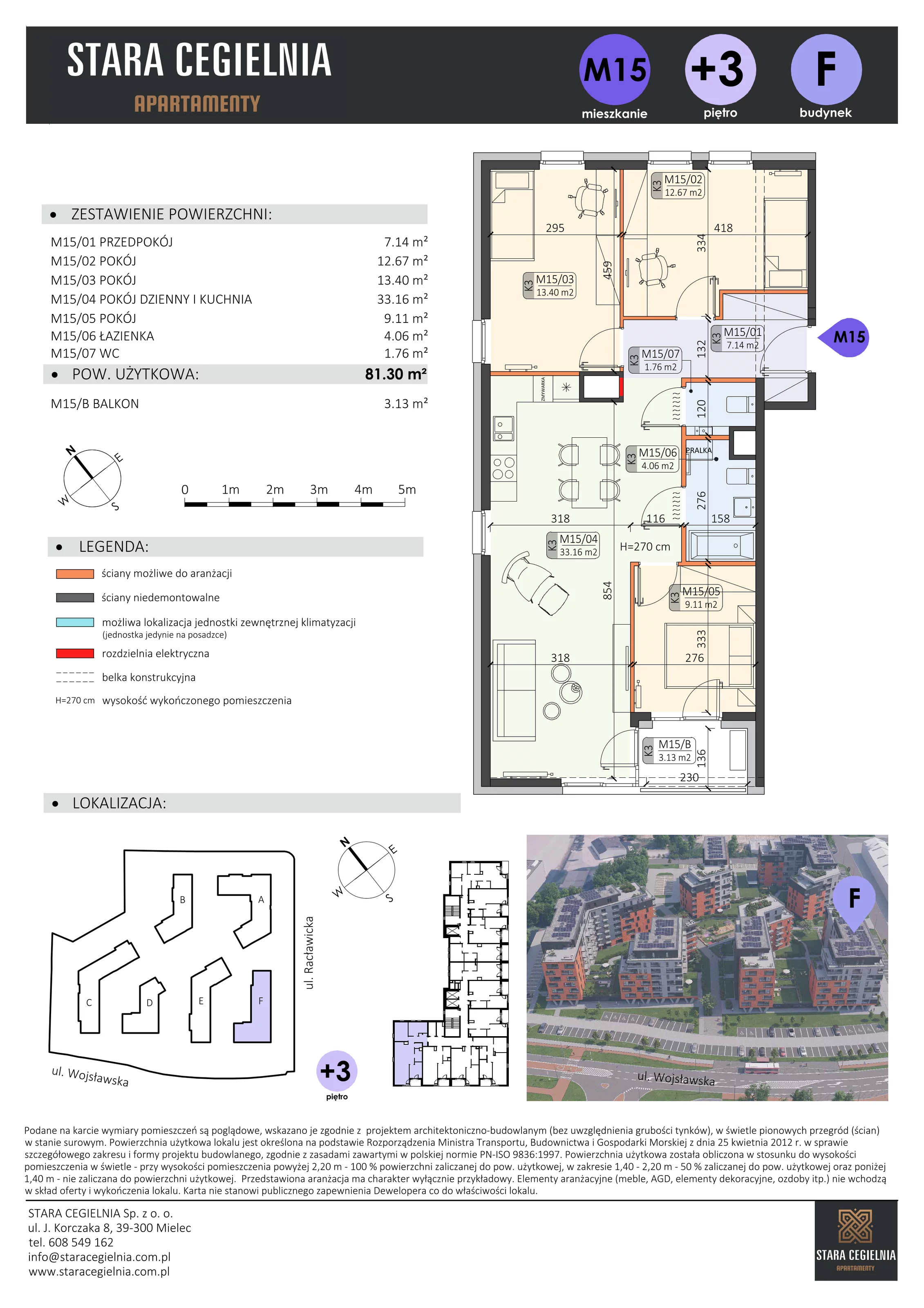 4 pokoje, mieszkanie 81,30 m², piętro 2, oferta nr F/M15, Stara Cegielnia etap II, Mielec, ul. Wojsławska 1