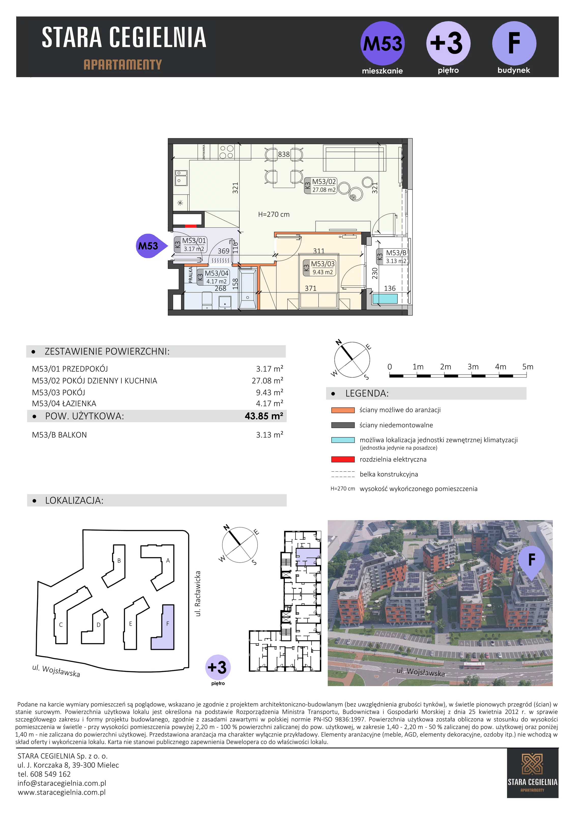 2 pokoje, mieszkanie 43,85 m², piętro 2, oferta nr F/M53, Stara Cegielnia etap II, Mielec, ul. Wojsławska 1