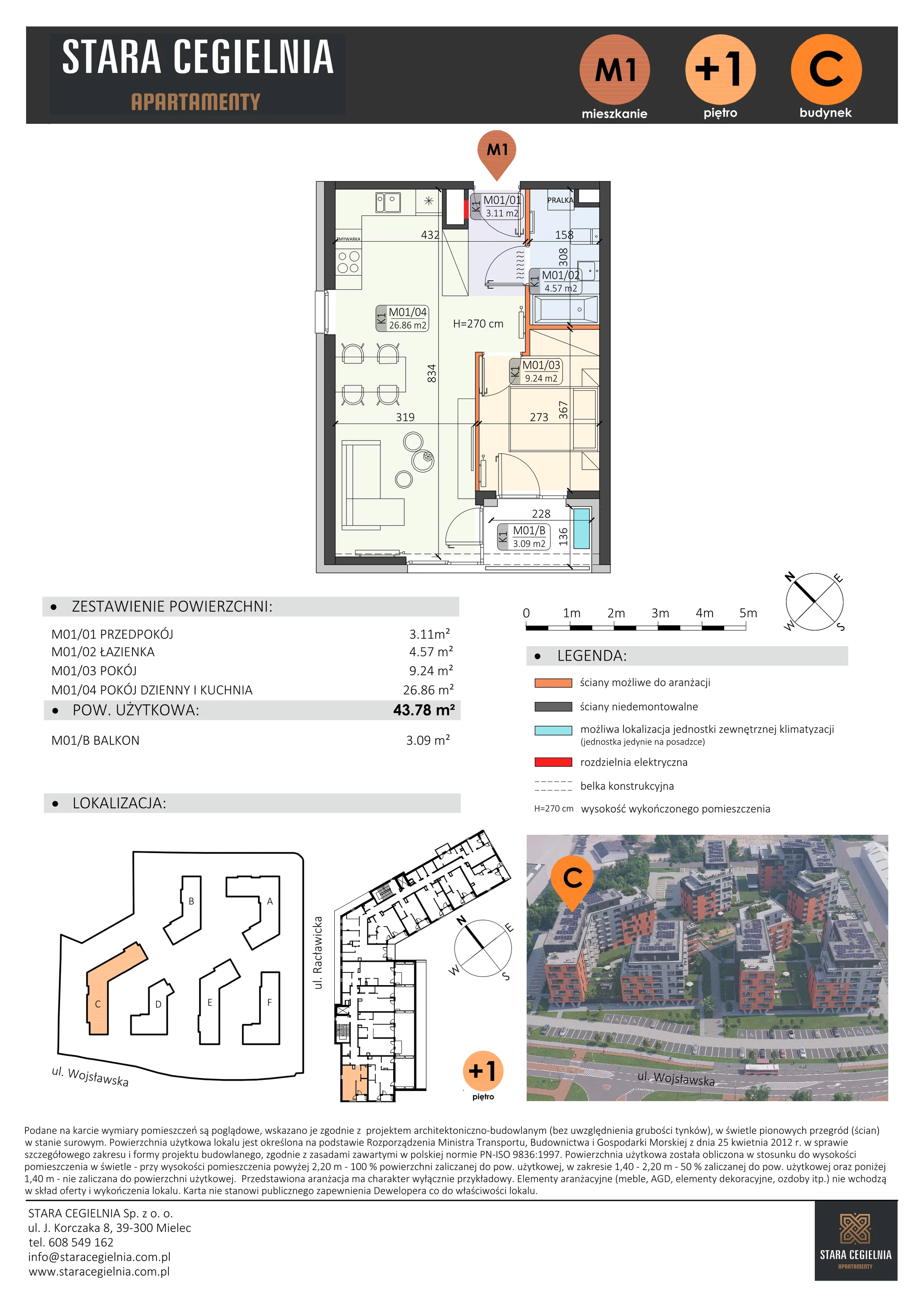 2 pokoje, mieszkanie 43,78 m², piętro 1, oferta nr C/M1/1, Stara Cegielnia etap III, Mielec, ul. Wojsławska 1