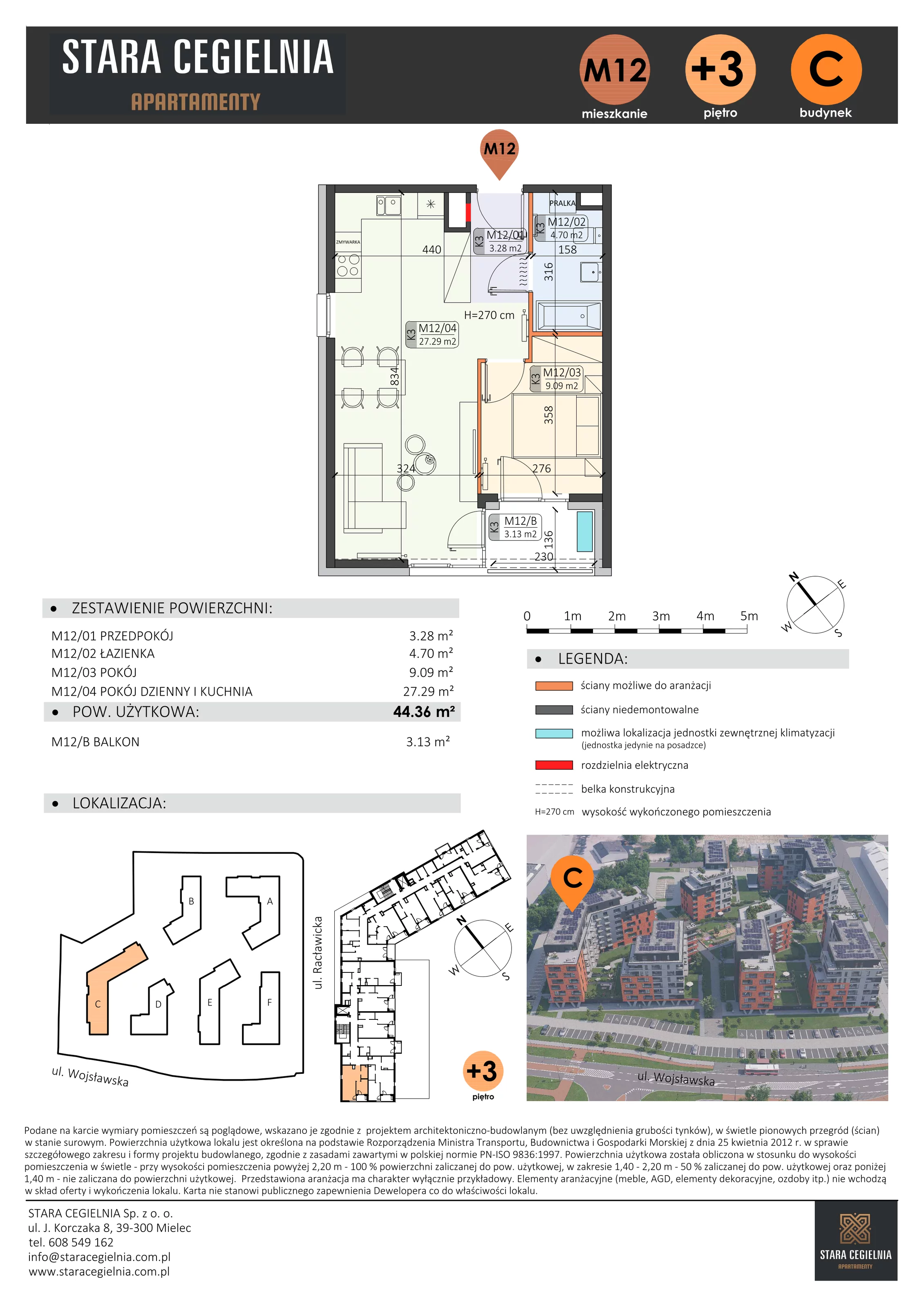 2 pokoje, mieszkanie 44,36 m², piętro 3, oferta nr C/M12/3, Stara Cegielnia etap III, Mielec, ul. Wojsławska 1
