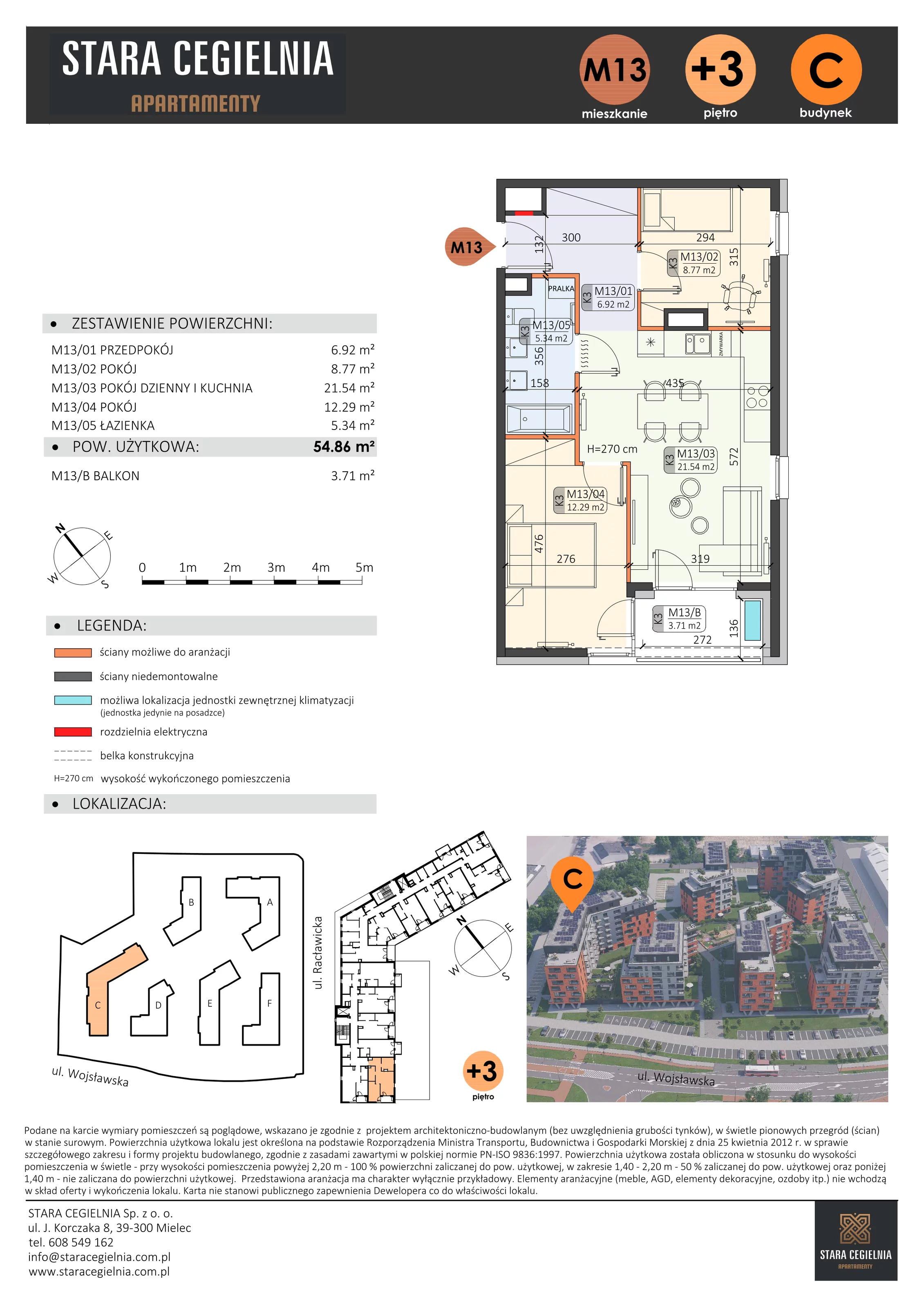 3 pokoje, mieszkanie 54,86 m², piętro 3, oferta nr C/M13/3, Stara Cegielnia etap III, Mielec, ul. Wojsławska 1