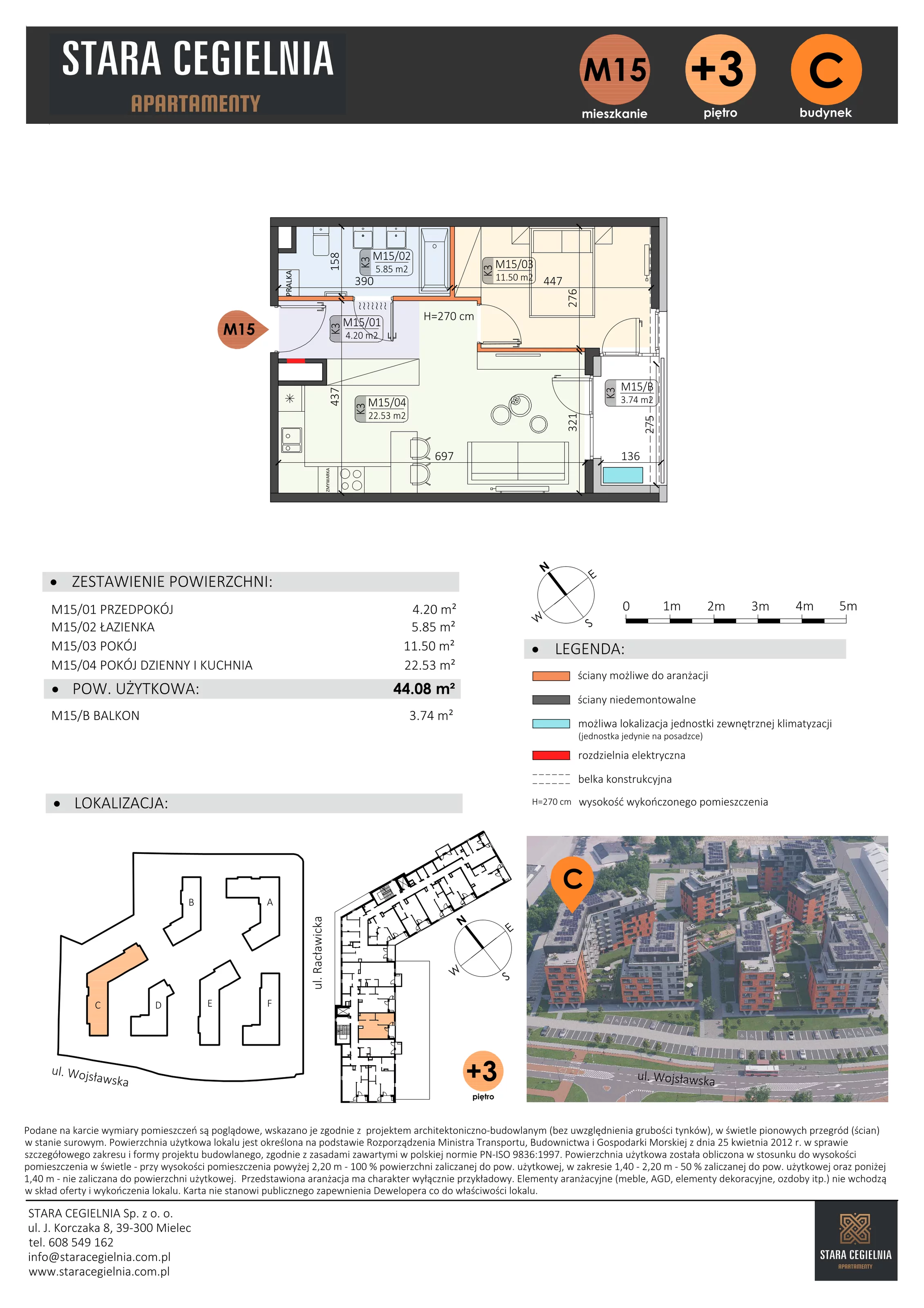 2 pokoje, mieszkanie 44,08 m², piętro 3, oferta nr C/M15/3, Stara Cegielnia etap III, Mielec, ul. Wojsławska 1