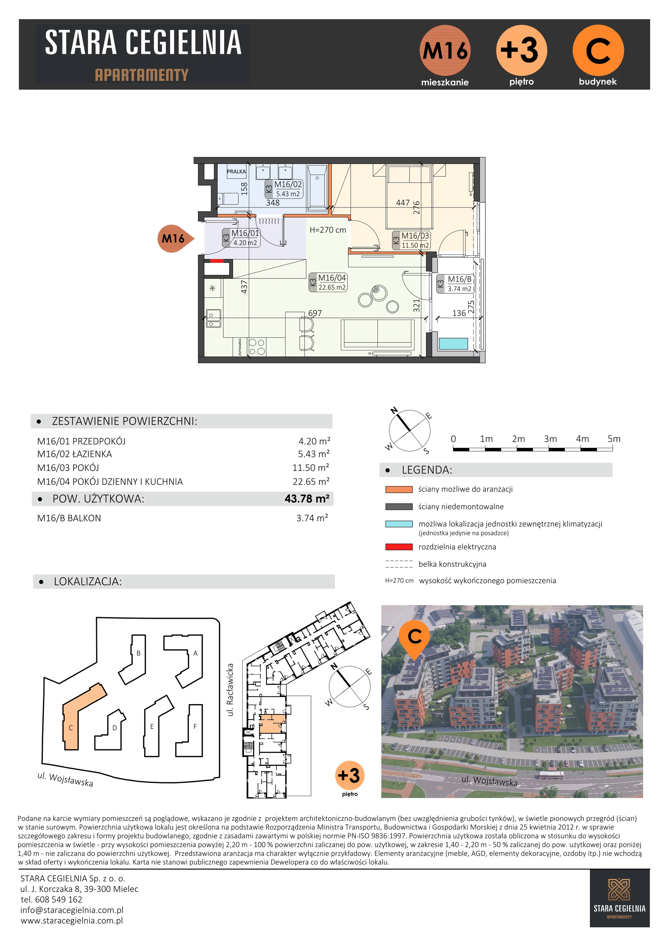 2 pokoje, mieszkanie 43,78 m², piętro 3, oferta nr C/M16/3, Stara Cegielnia etap III, Mielec, ul. Wojsławska 1