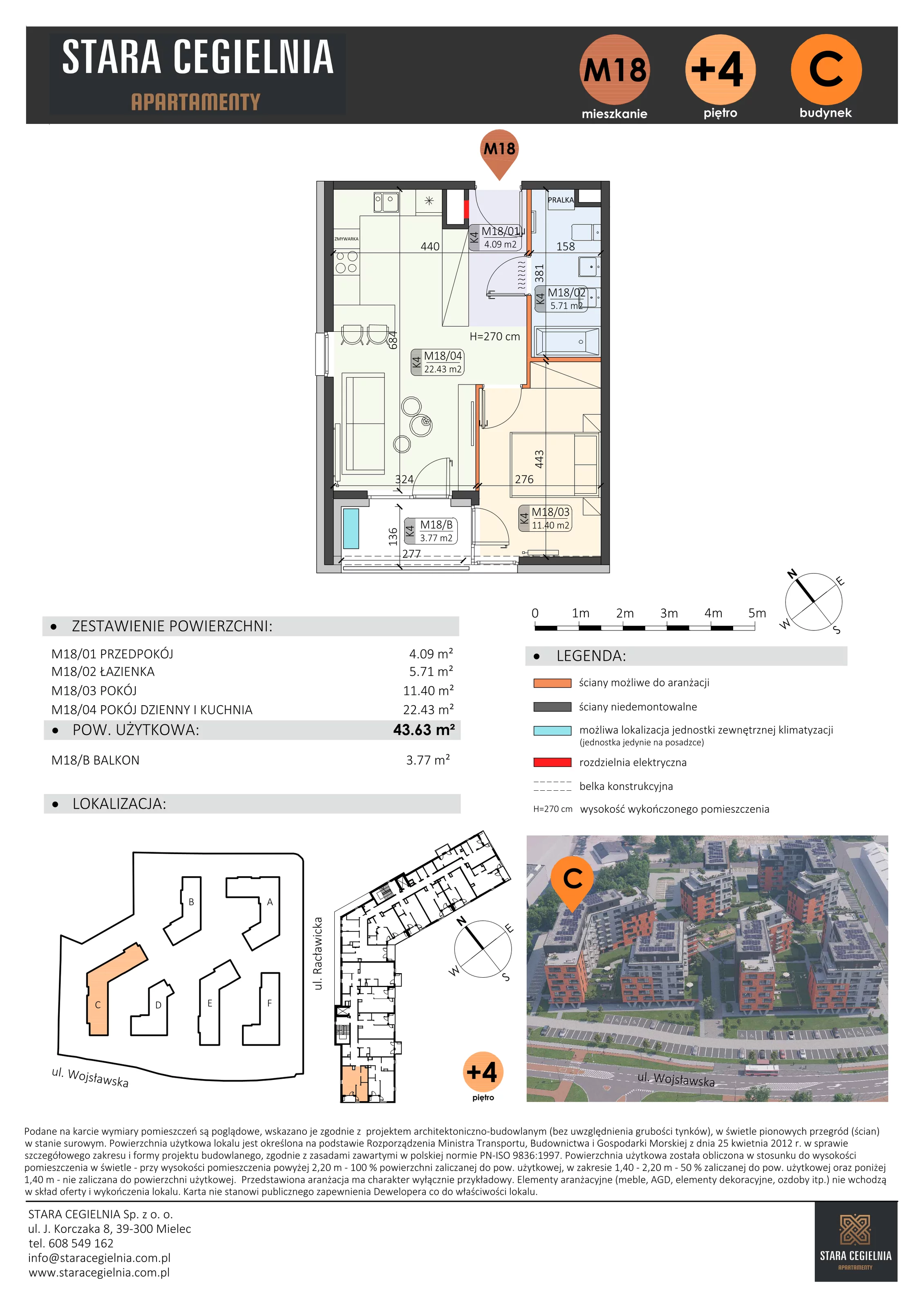 2 pokoje, mieszkanie 43,63 m², piętro 4, oferta nr C/M18/4, Stara Cegielnia etap III, Mielec, ul. Wojsławska 1