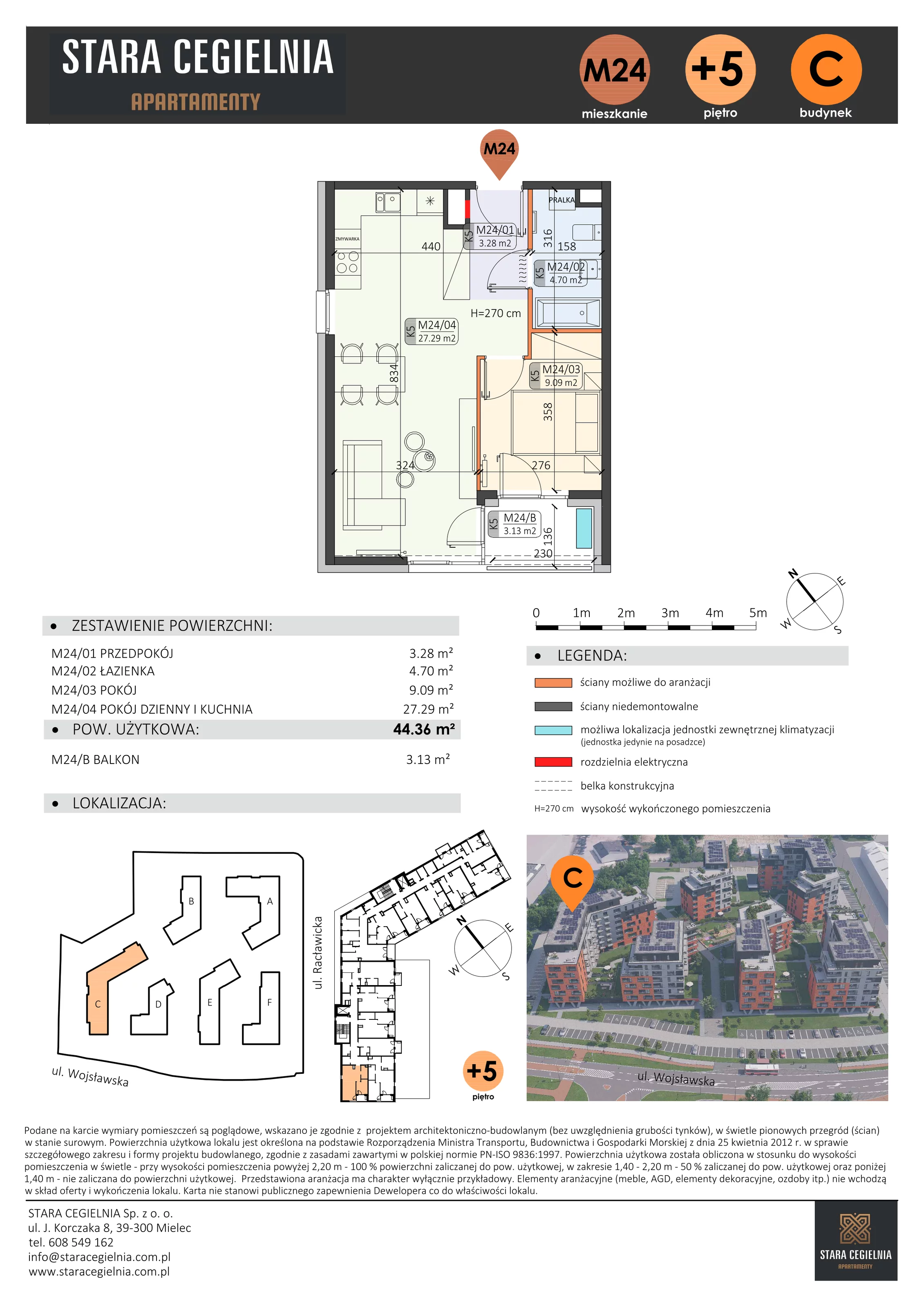 2 pokoje, mieszkanie 44,36 m², piętro 5, oferta nr C/M24/5, Stara Cegielnia etap III, Mielec, ul. Wojsławska 1