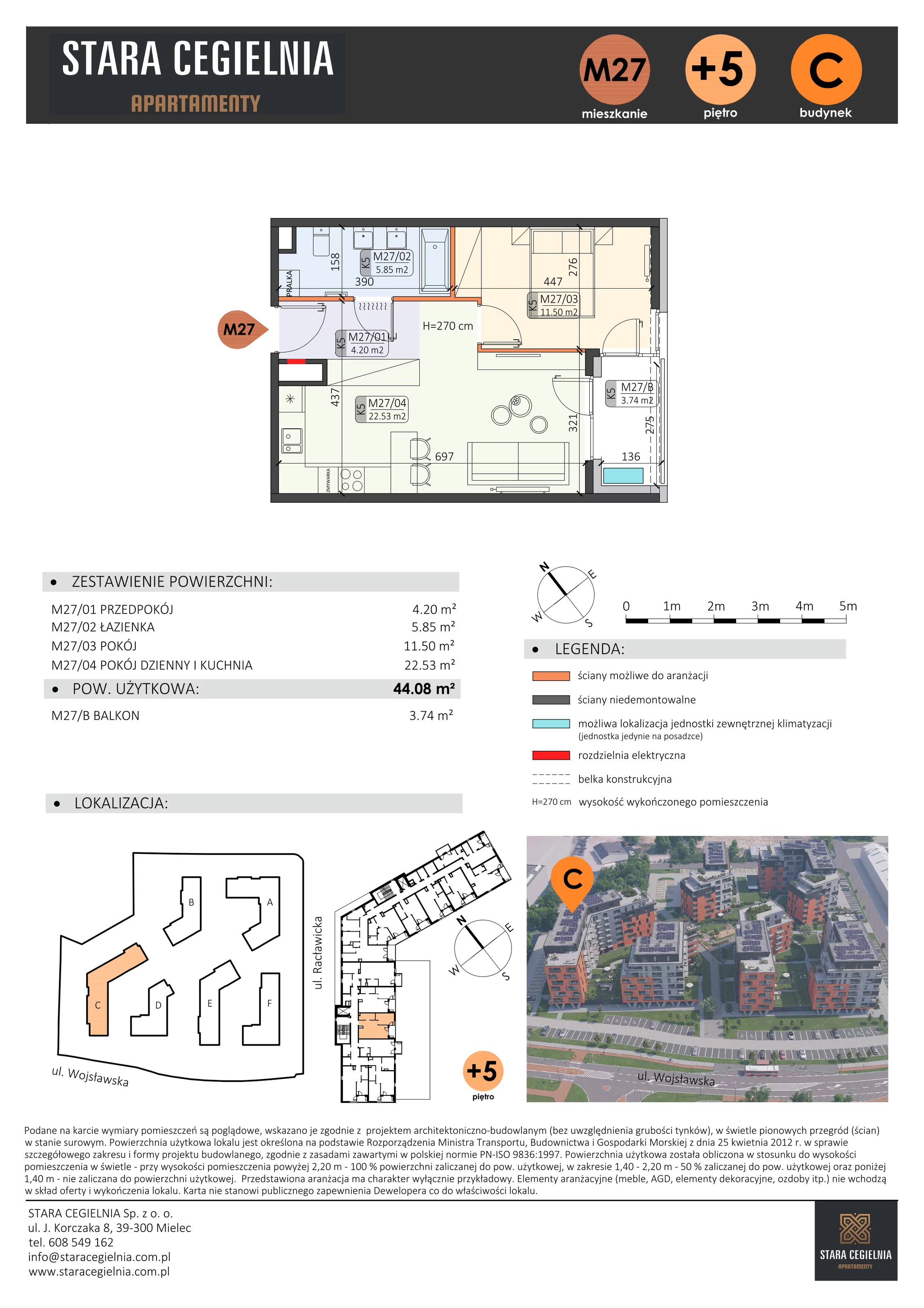2 pokoje, mieszkanie 44,08 m², piętro 5, oferta nr C/M27/5, Stara Cegielnia etap III, Mielec, ul. Wojsławska 1