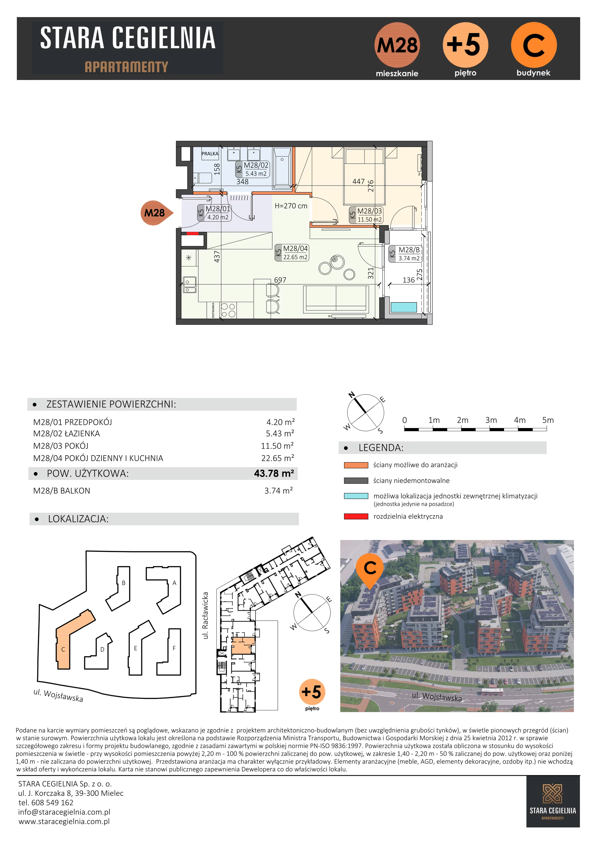 2 pokoje, mieszkanie 43,78 m², piętro 5, oferta nr C/M28/5, Stara Cegielnia etap III, Mielec, ul. Wojsławska 1