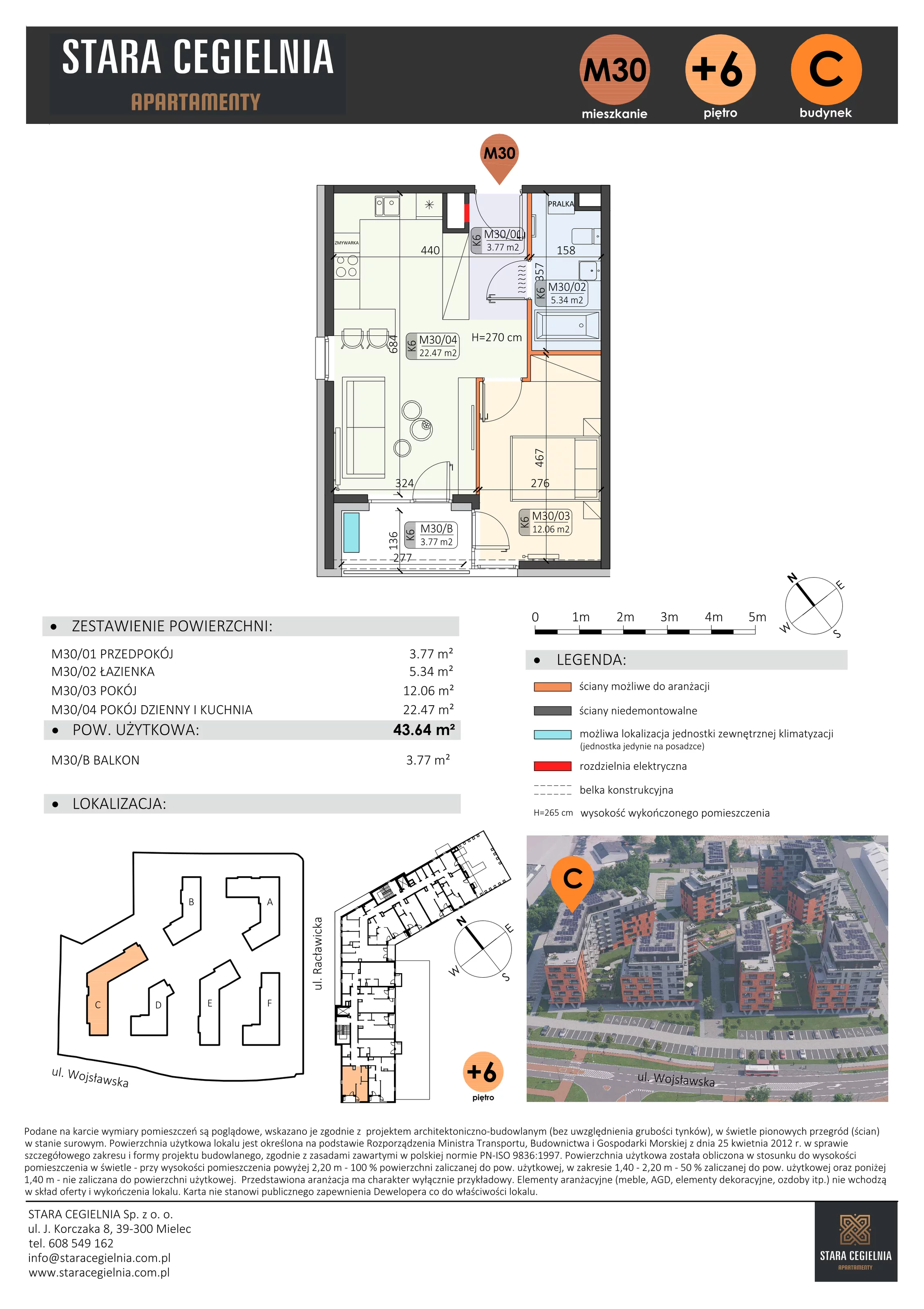 2 pokoje, mieszkanie 43,64 m², piętro 6, oferta nr C/M30/6, Stara Cegielnia etap III, Mielec, ul. Wojsławska 1