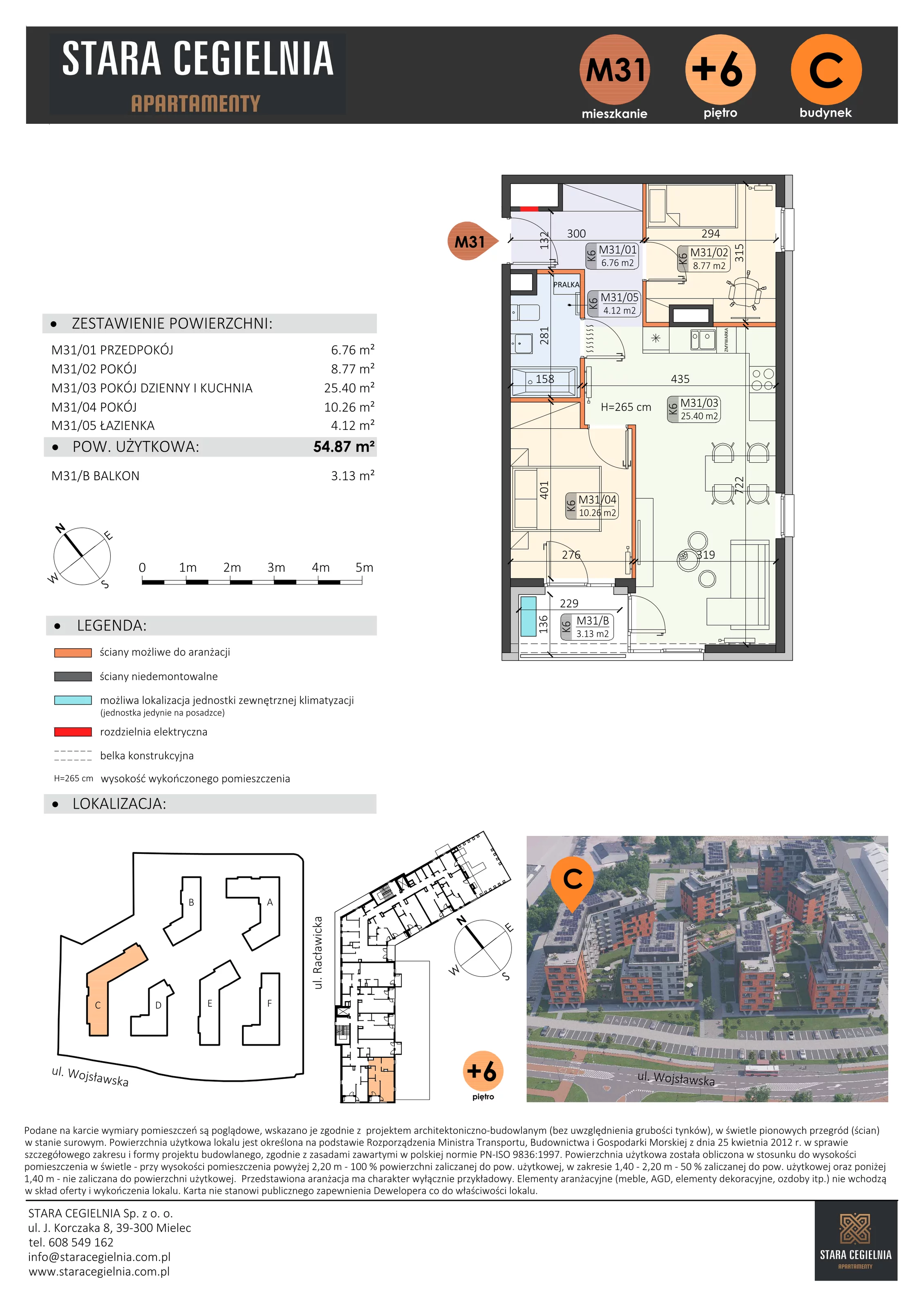 3 pokoje, mieszkanie 54,87 m², piętro 6, oferta nr C/M31/6, Stara Cegielnia etap III, Mielec, ul. Wojsławska 1