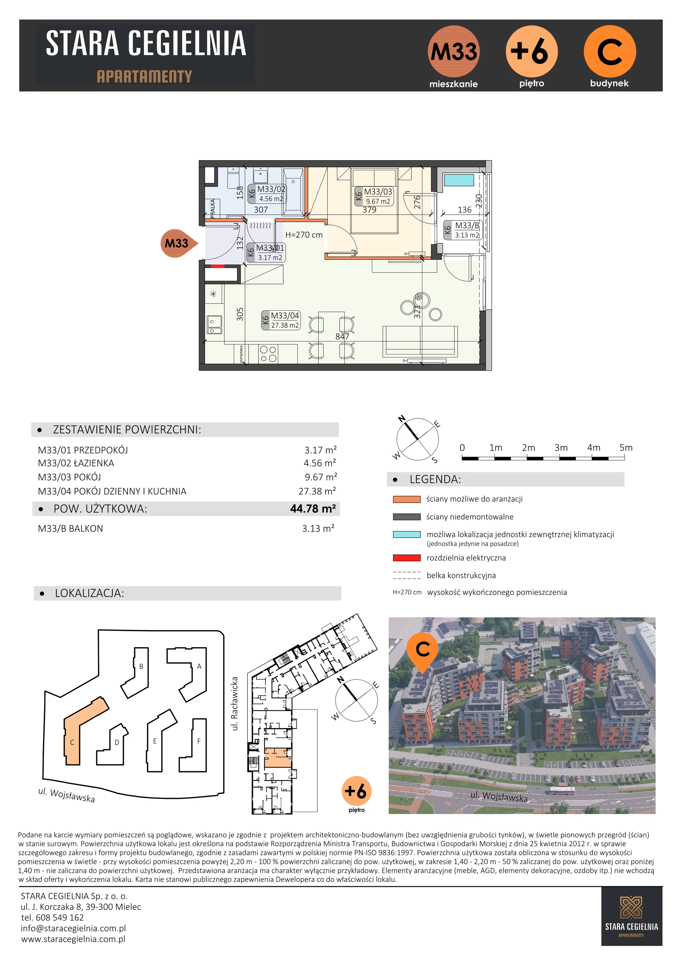 2 pokoje, mieszkanie 44,78 m², piętro 6, oferta nr C/M33/6, Stara Cegielnia etap III, Mielec, ul. Wojsławska 1