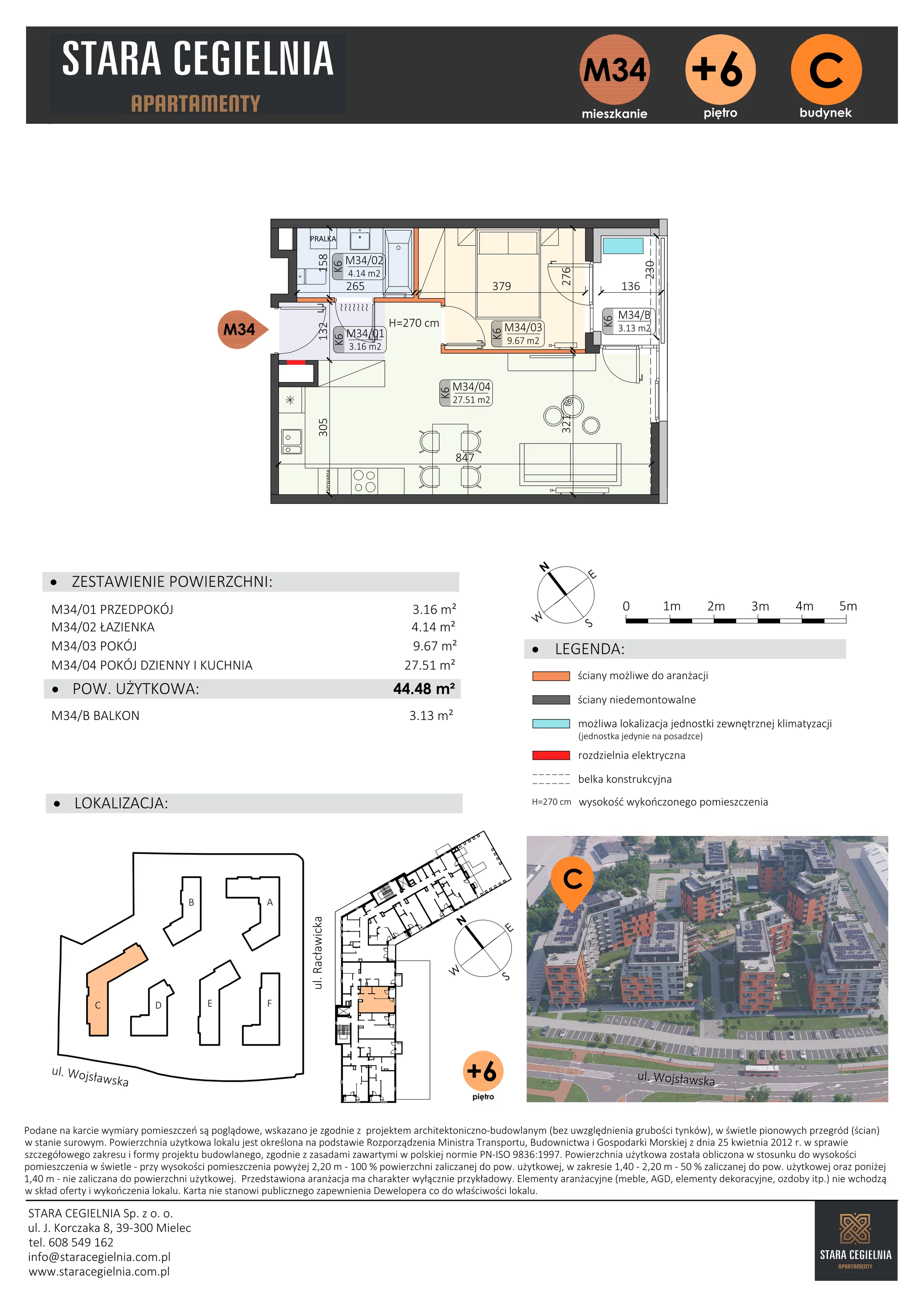 2 pokoje, mieszkanie 44,48 m², piętro 6, oferta nr C/M34/6, Stara Cegielnia etap III, Mielec, ul. Wojsławska 1