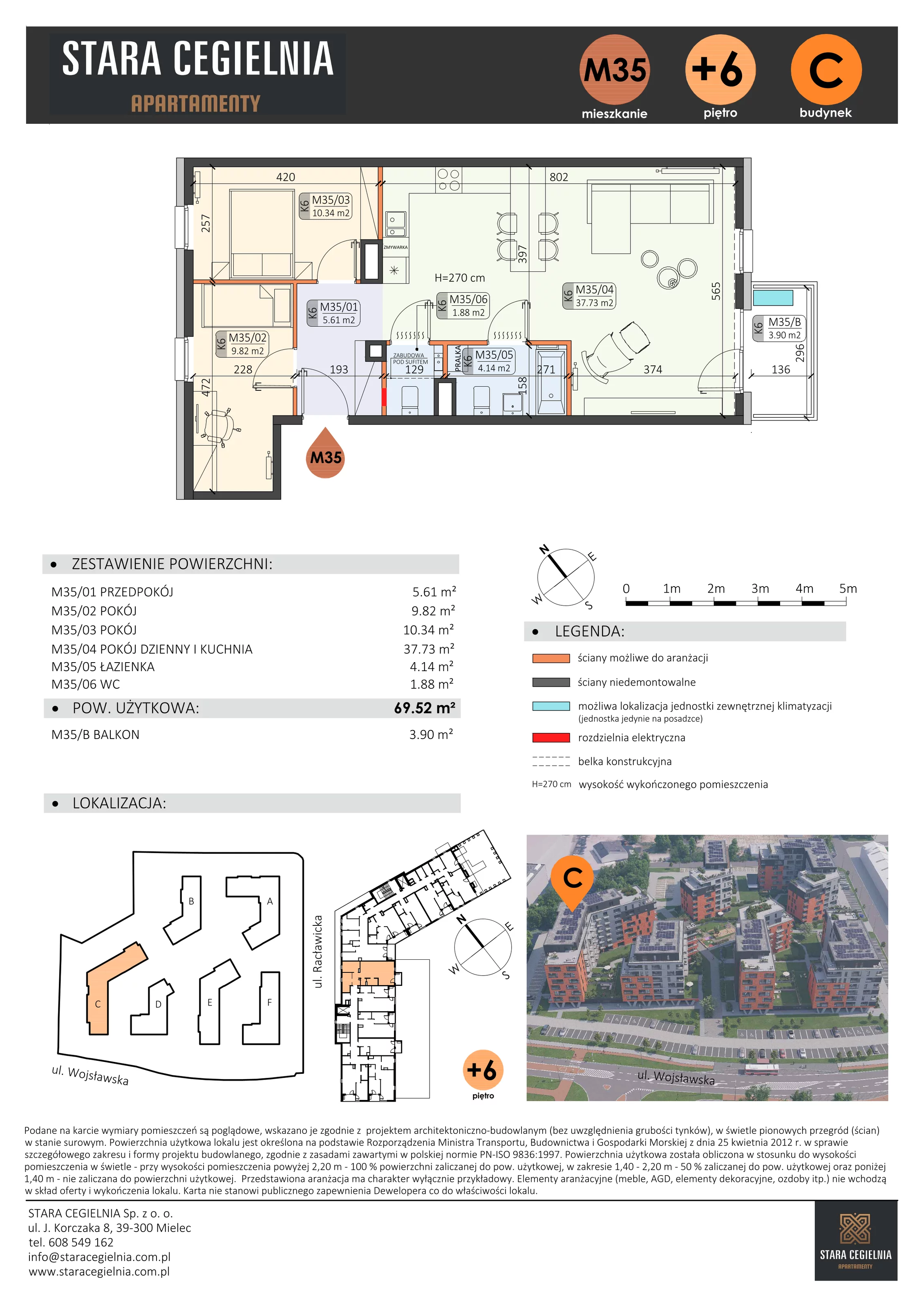3 pokoje, mieszkanie 69,52 m², piętro 6, oferta nr C/M35/6, Stara Cegielnia etap III, Mielec, ul. Wojsławska 1