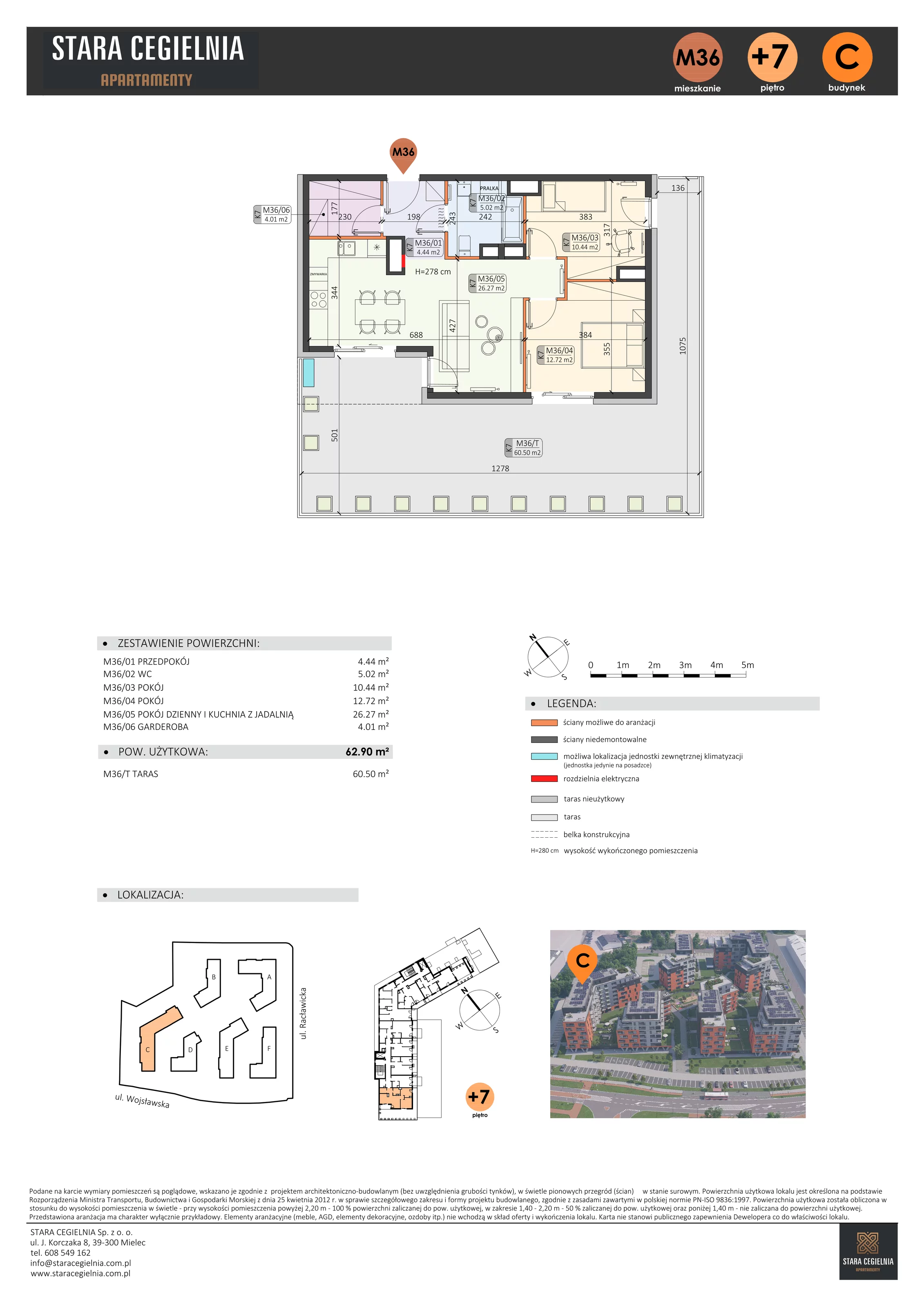 3 pokoje, mieszkanie 62,90 m², piętro 7, oferta nr C/M36/7, Stara Cegielnia etap III, Mielec, ul. Wojsławska 1