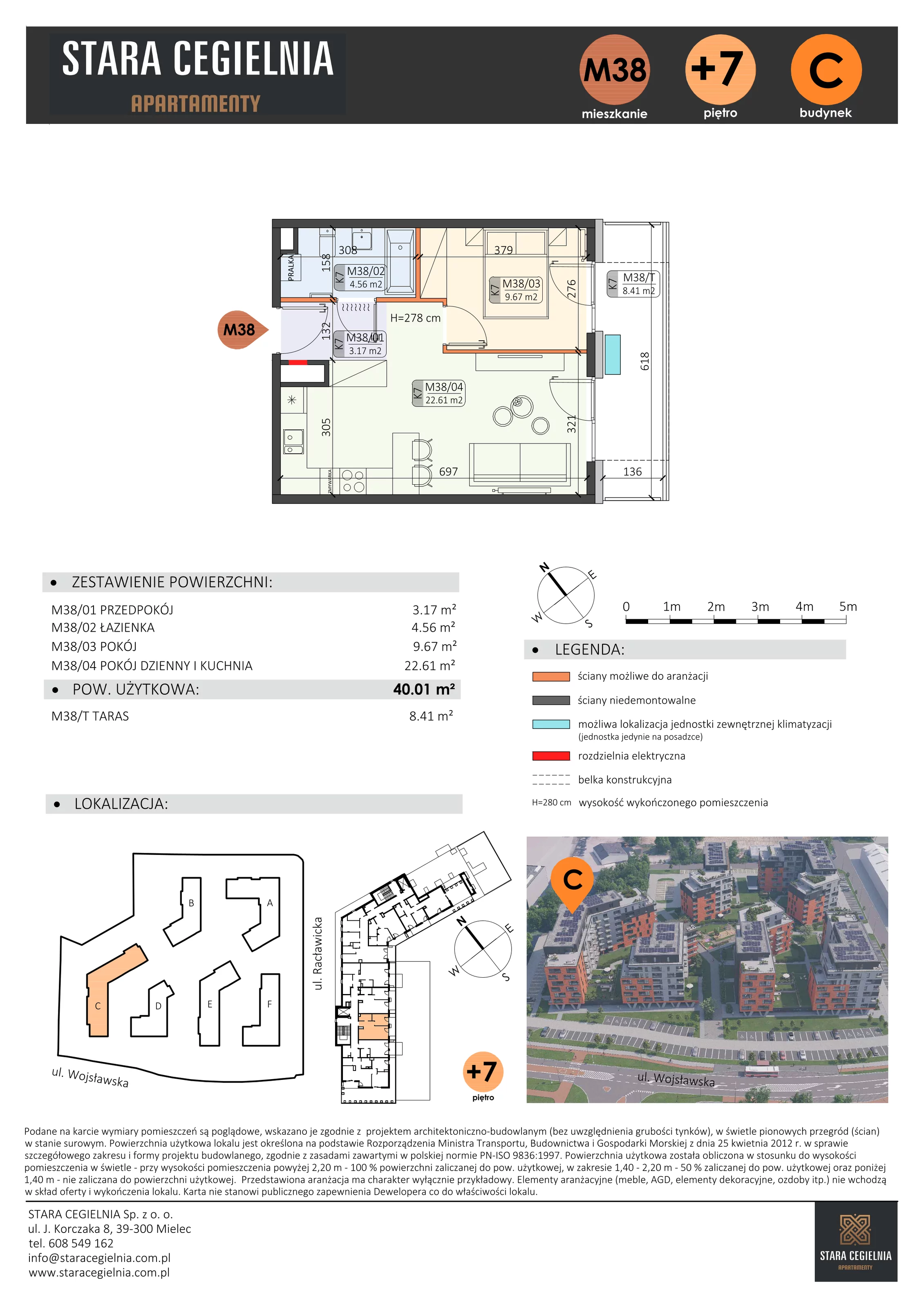 2 pokoje, mieszkanie 40,01 m², piętro 7, oferta nr C/M38/7, Stara Cegielnia etap III, Mielec, ul. Wojsławska 1