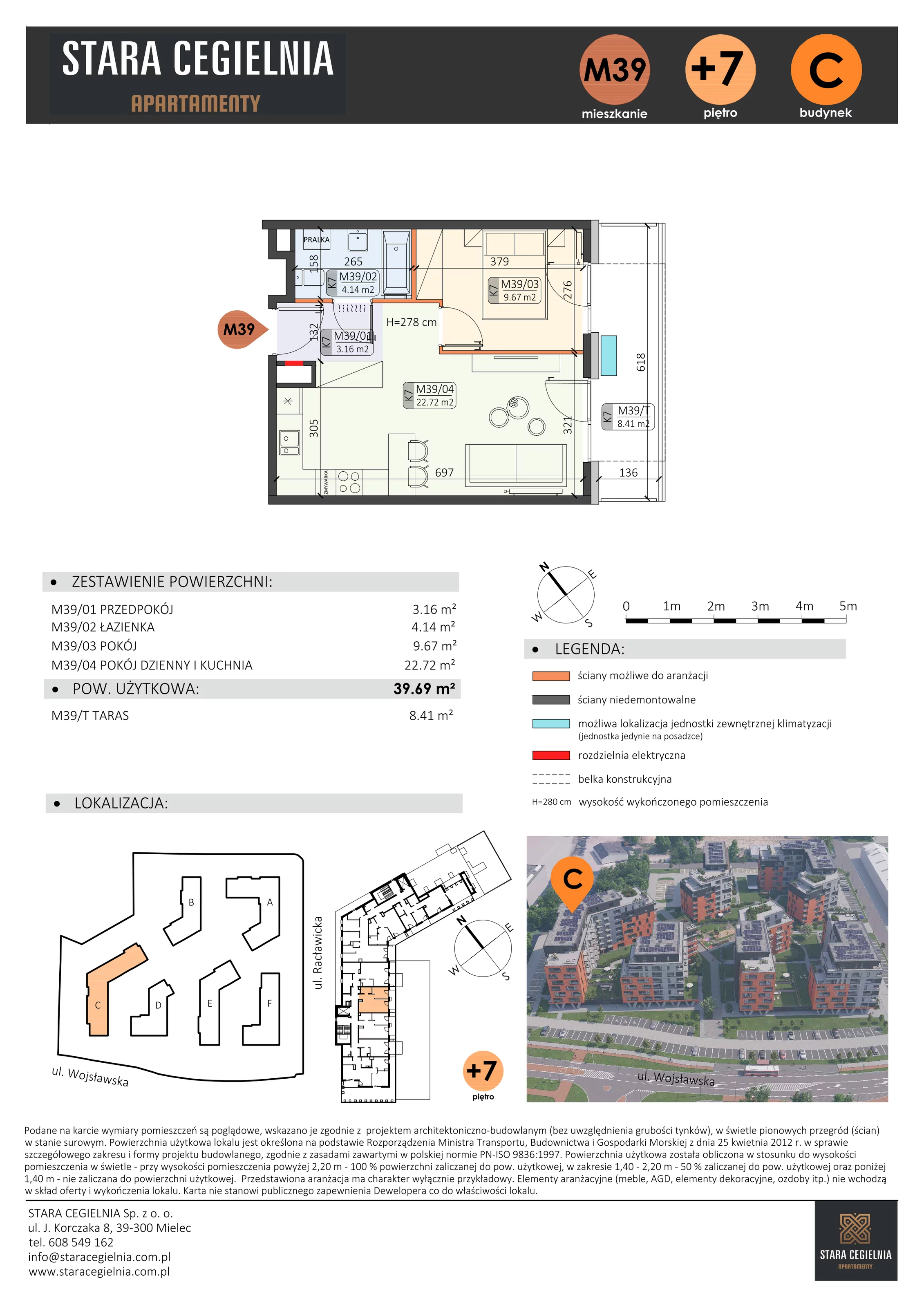 2 pokoje, mieszkanie 39,69 m², piętro 7, oferta nr C/M39/7, Stara Cegielnia etap III, Mielec, ul. Wojsławska 1