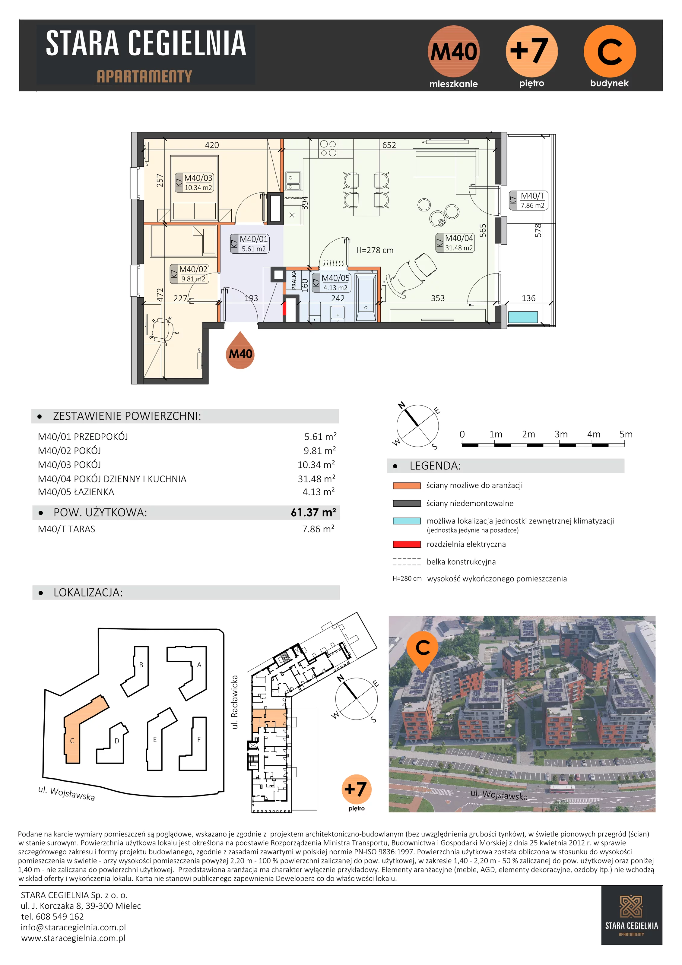 3 pokoje, mieszkanie 61,37 m², piętro 7, oferta nr C/M40/7, Stara Cegielnia etap III, Mielec, ul. Wojsławska 1