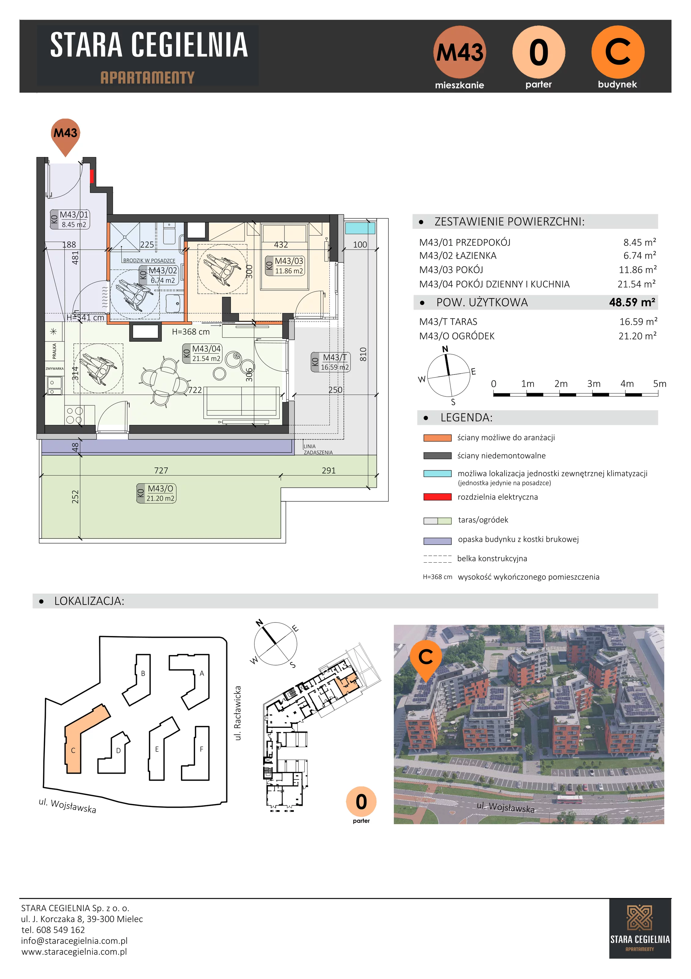2 pokoje, mieszkanie 48,61 m², parter, oferta nr C/M43/0, Stara Cegielnia etap III, Mielec, ul. Wojsławska 1