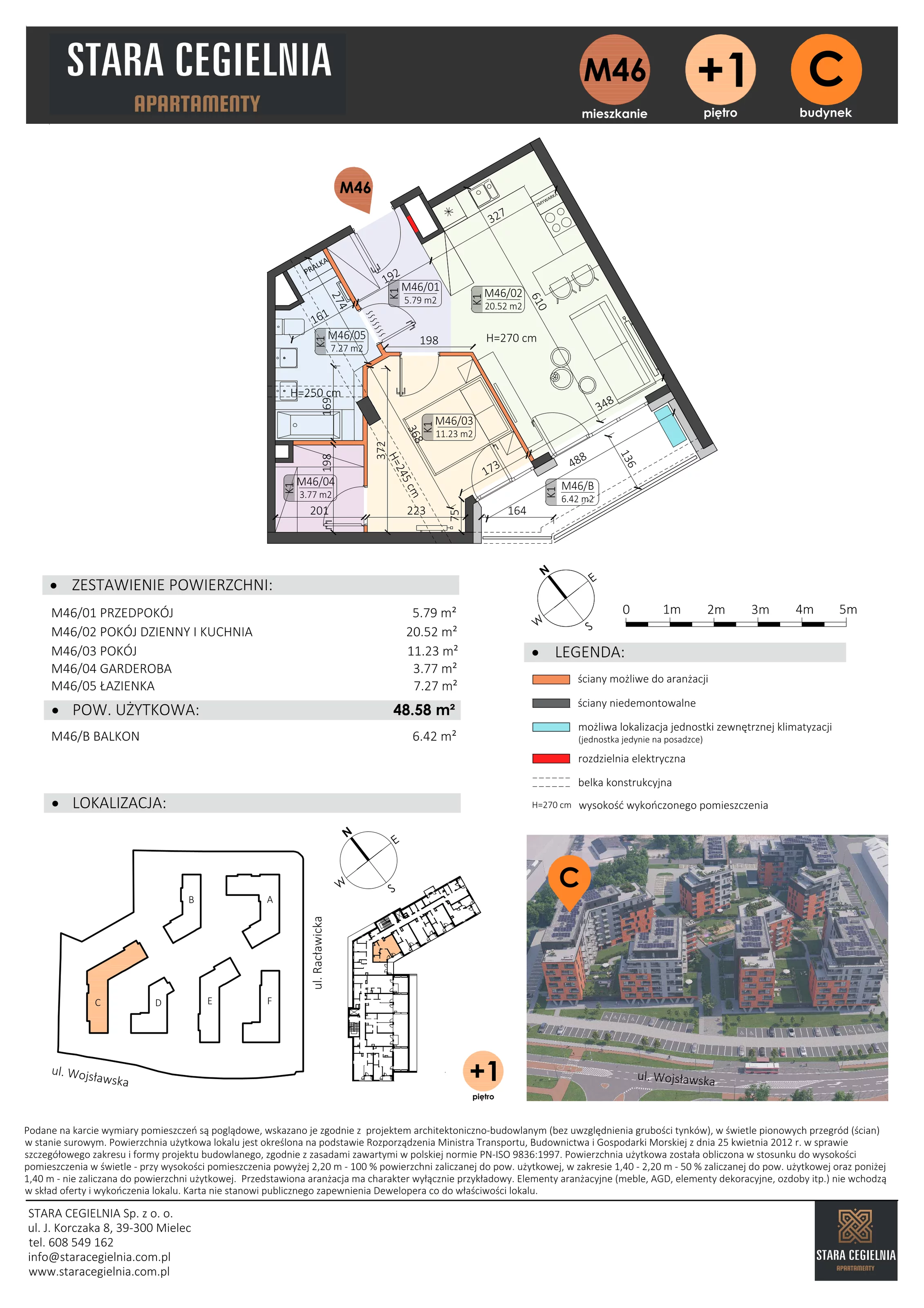 2 pokoje, mieszkanie 48,58 m², piętro 1, oferta nr C/M46/1, Stara Cegielnia etap III, Mielec, ul. Wojsławska 1