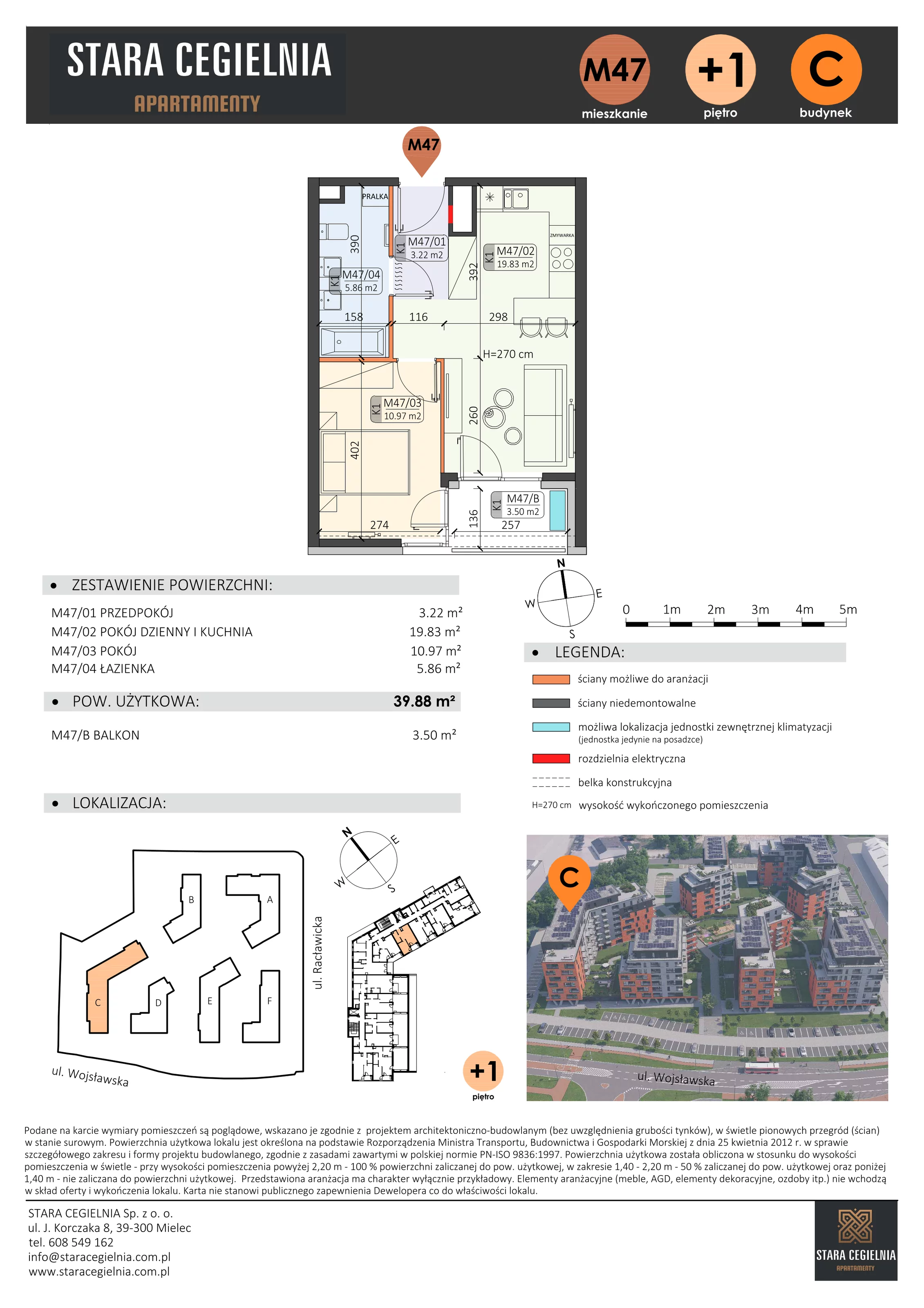 2 pokoje, mieszkanie 39,88 m², piętro 1, oferta nr C/M47/1, Stara Cegielnia etap III, Mielec, ul. Wojsławska 1