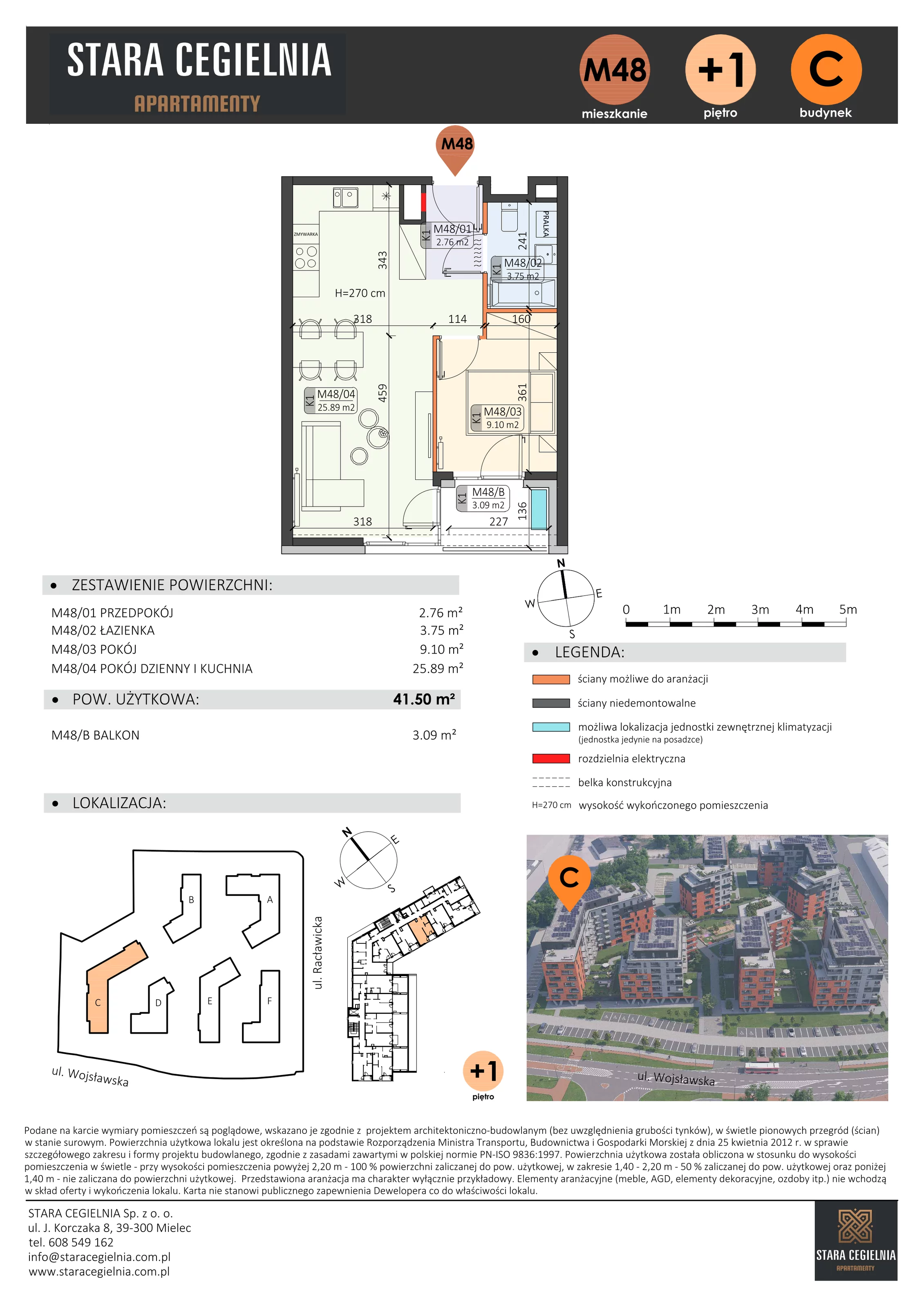2 pokoje, mieszkanie 41,50 m², piętro 1, oferta nr C/M48/1, Stara Cegielnia etap III, Mielec, ul. Wojsławska 1