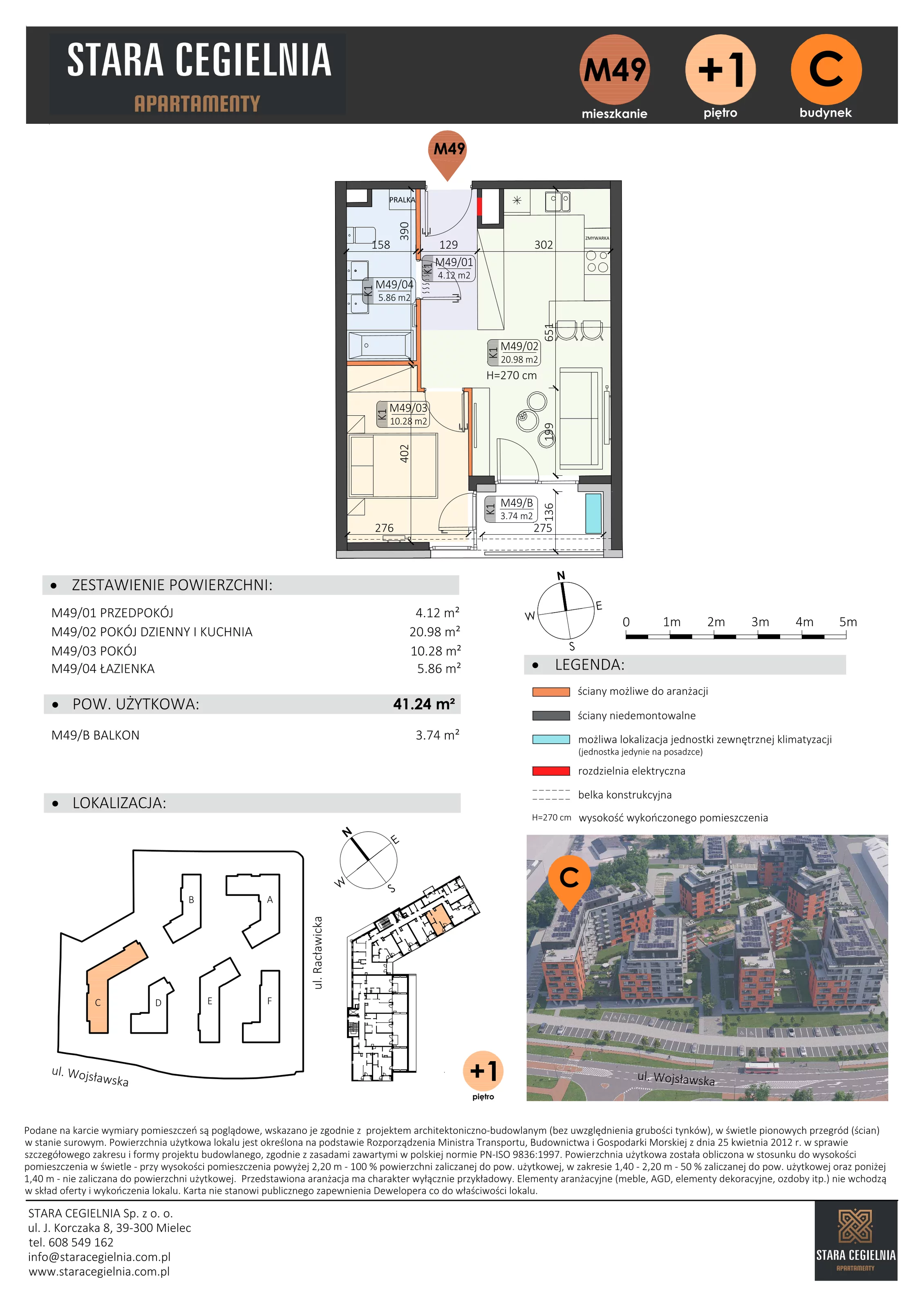 2 pokoje, mieszkanie 41,24 m², piętro 1, oferta nr C/M49/1, Stara Cegielnia etap III, Mielec, ul. Wojsławska 1