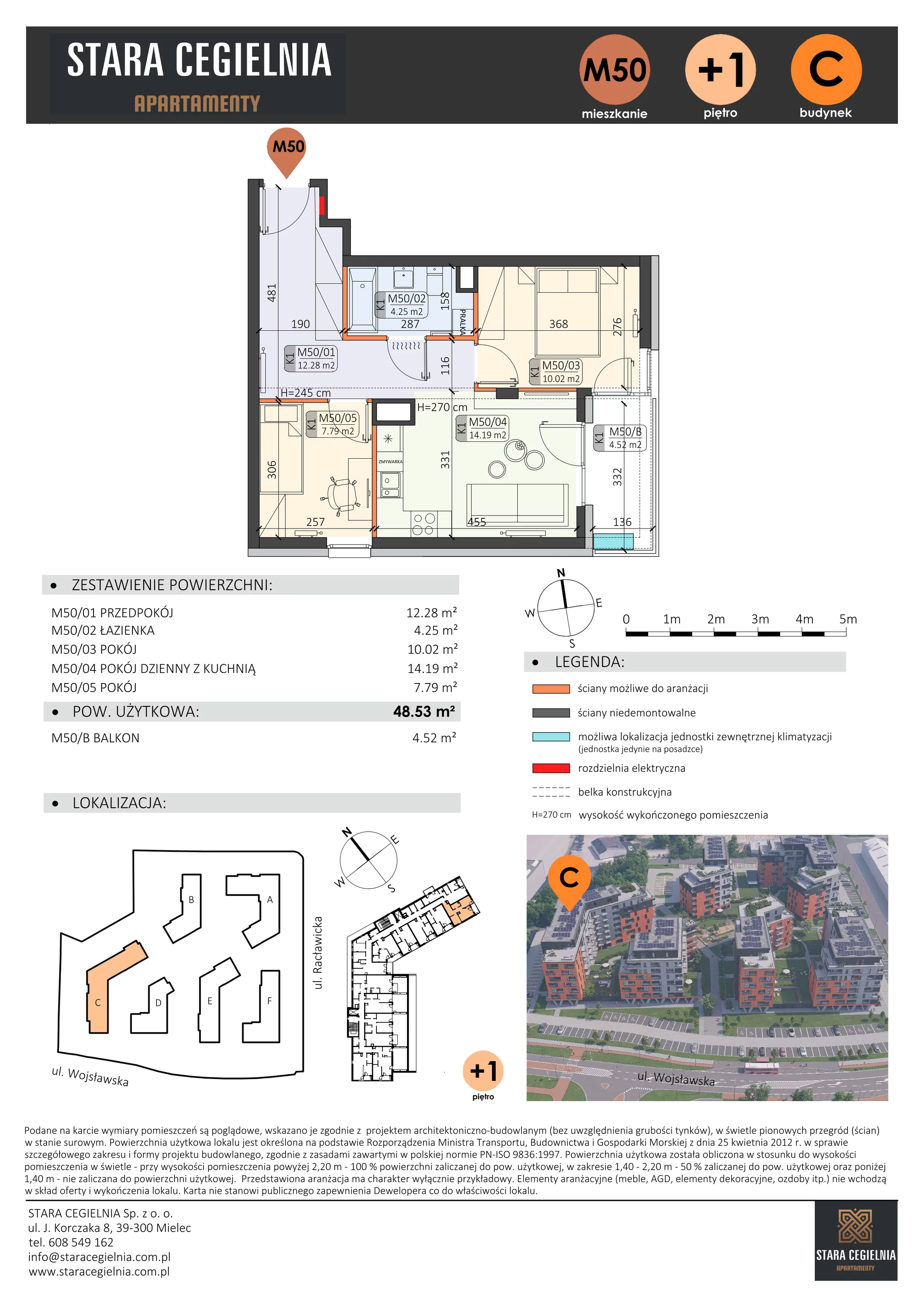 3 pokoje, mieszkanie 49,06 m², piętro 1, oferta nr C/M50/1, Stara Cegielnia etap III, Mielec, ul. Wojsławska 1