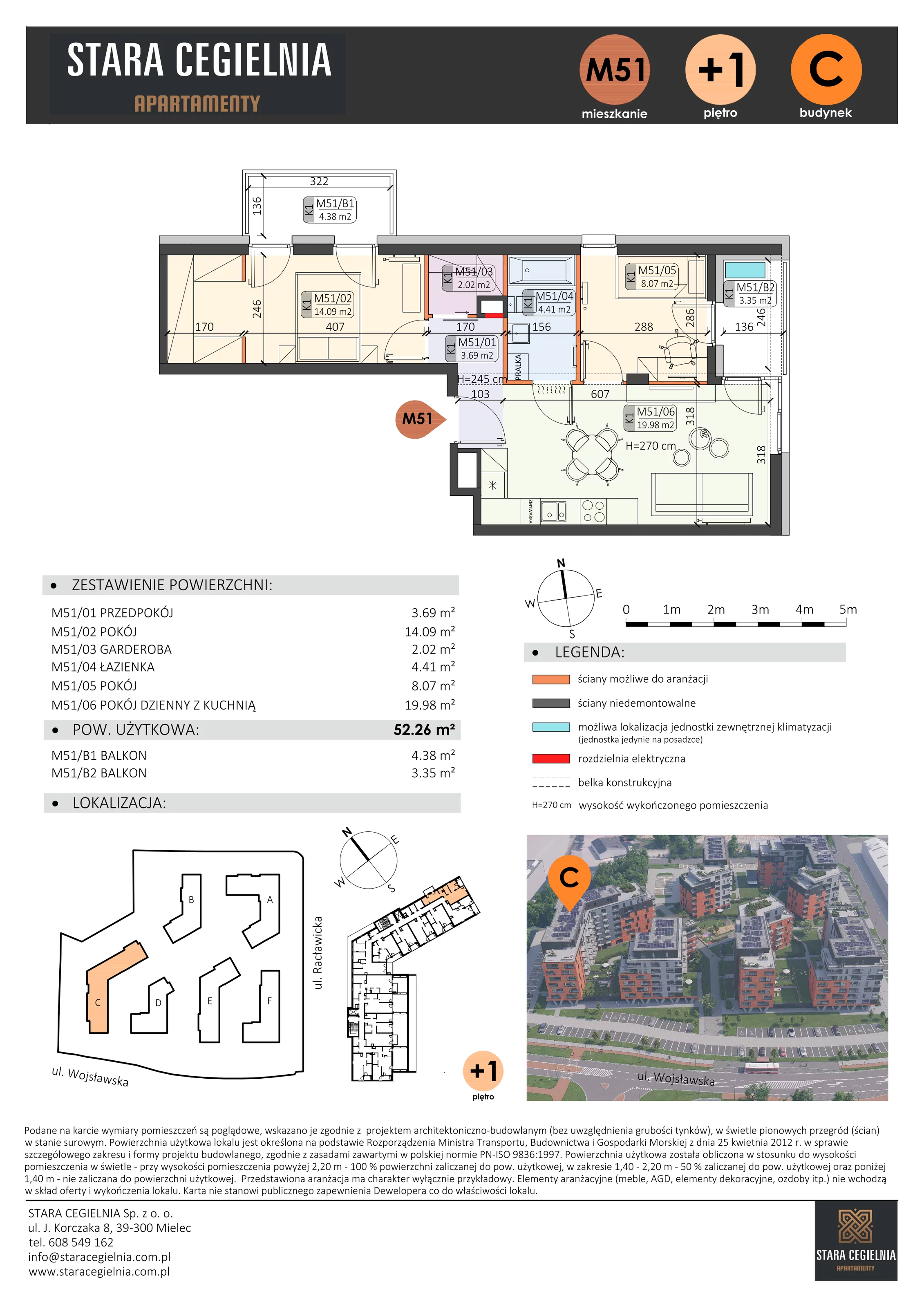 3 pokoje, mieszkanie 52,26 m², piętro 1, oferta nr C/M51/1, Stara Cegielnia etap III, Mielec, ul. Wojsławska 1
