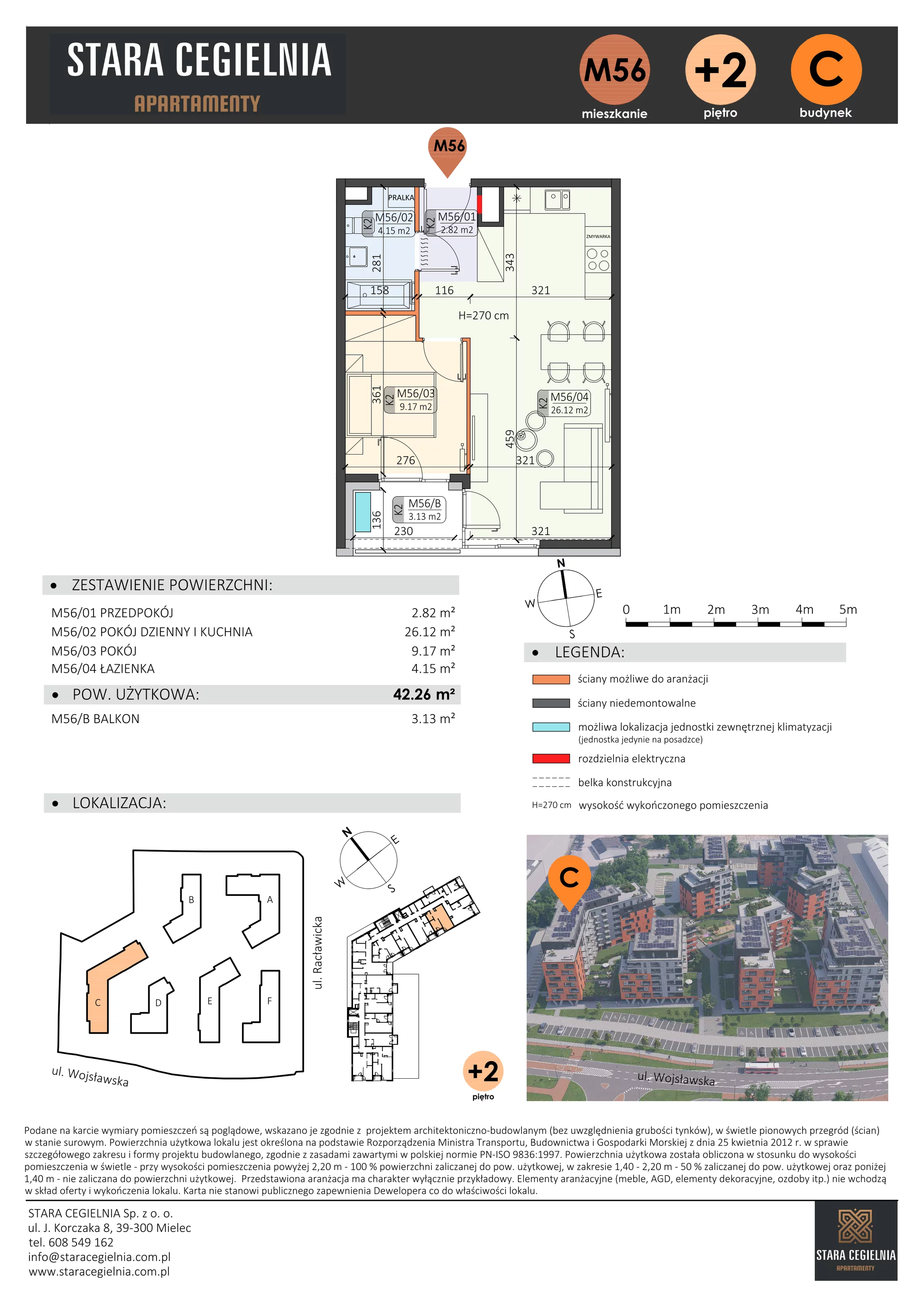2 pokoje, mieszkanie 42,26 m², piętro 2, oferta nr C/M56/2, Stara Cegielnia etap III, Mielec, ul. Wojsławska 1
