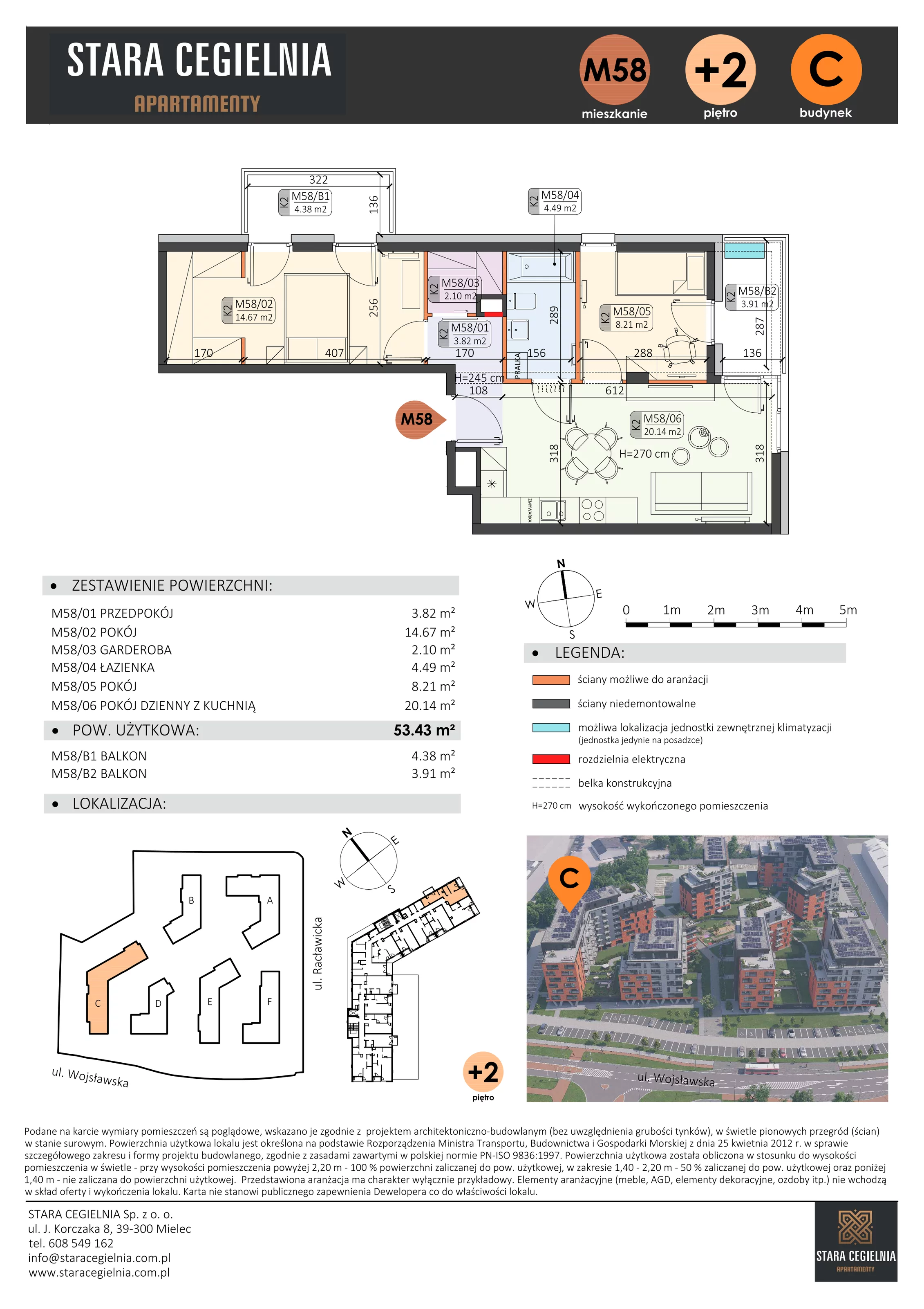 3 pokoje, mieszkanie 53,43 m², piętro 2, oferta nr C/M58/2, Stara Cegielnia etap III, Mielec, ul. Wojsławska 1