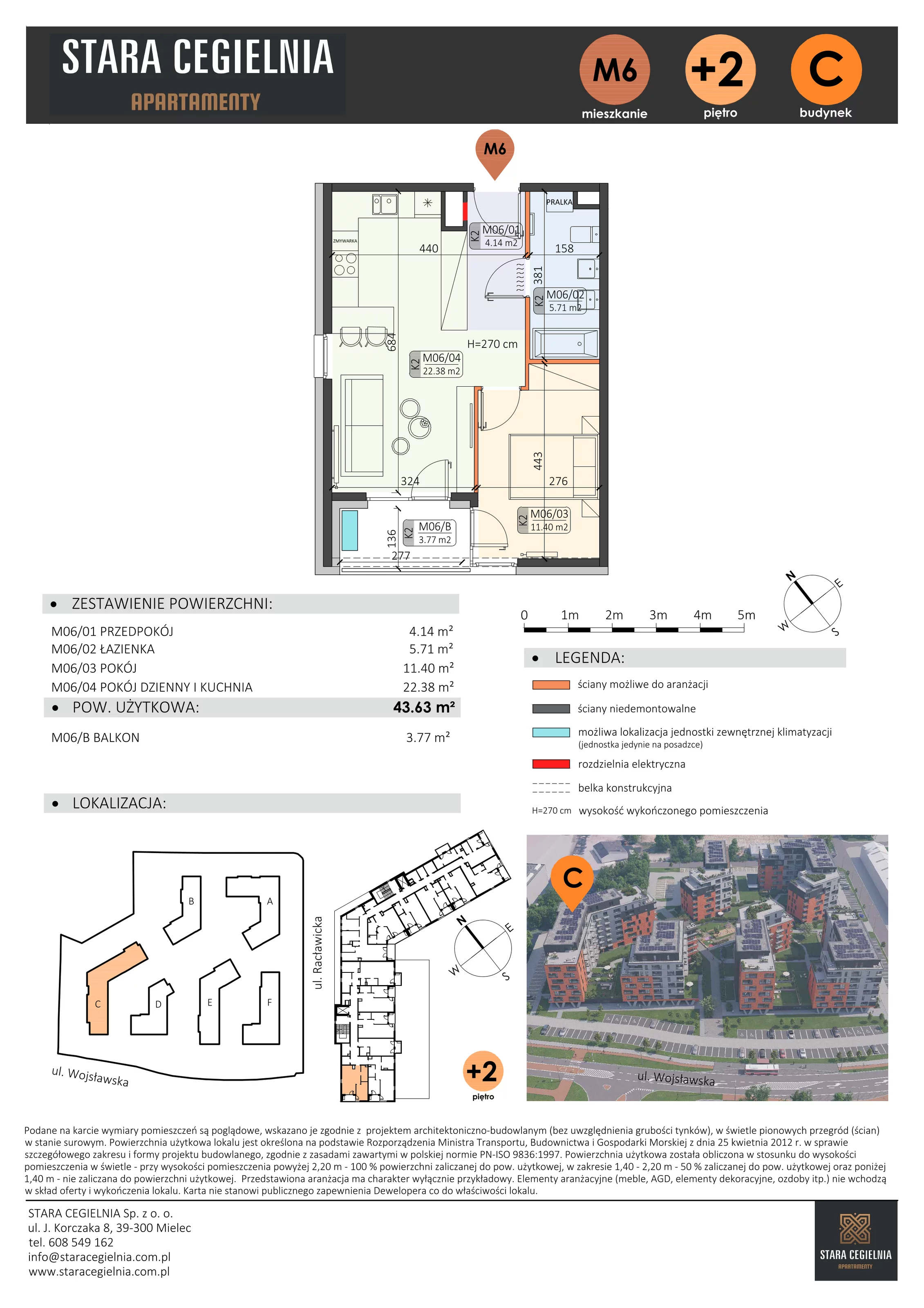 2 pokoje, mieszkanie 43,63 m², piętro 2, oferta nr C/M6/2, Stara Cegielnia etap III, Mielec, ul. Wojsławska 1