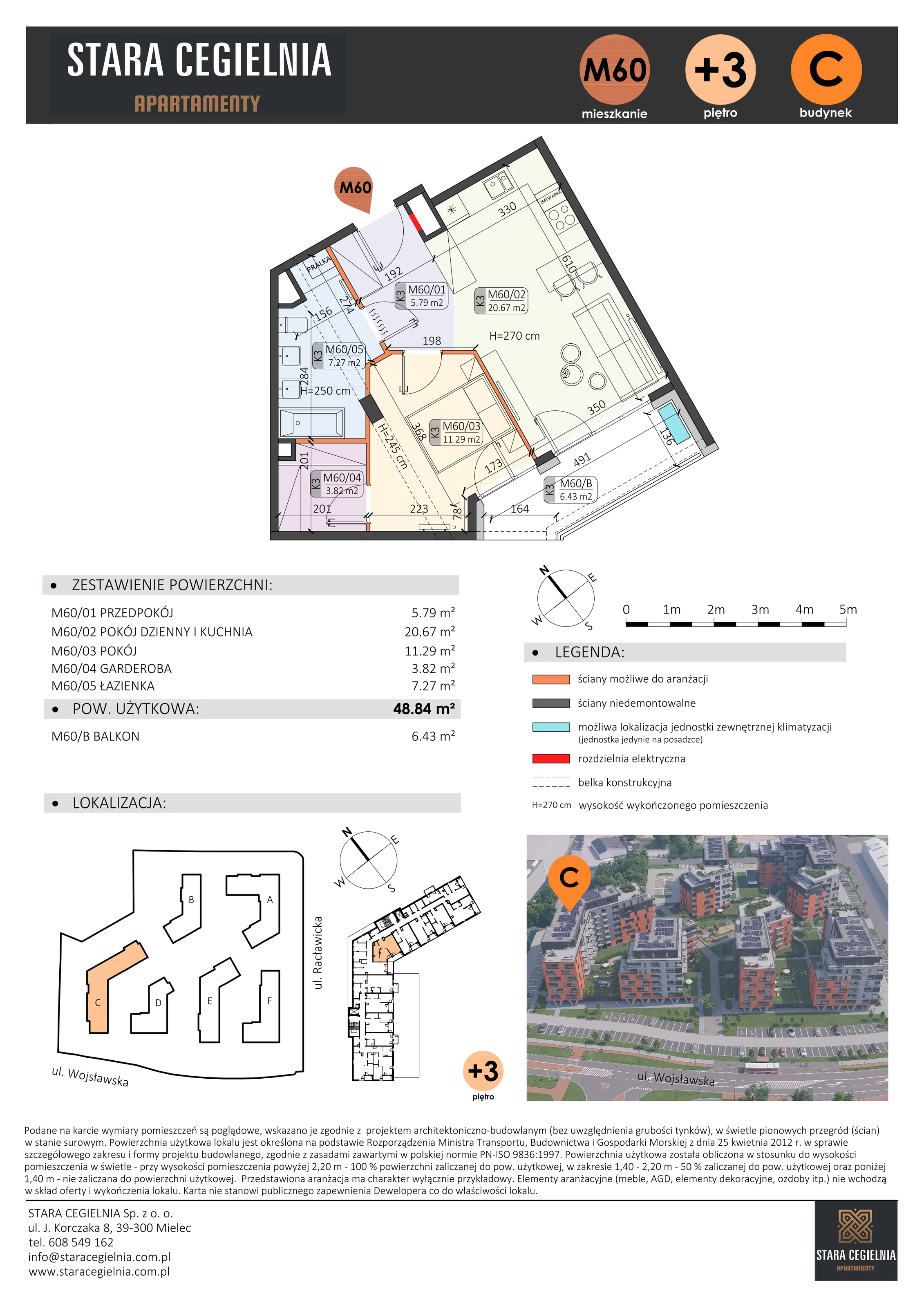 2 pokoje, mieszkanie 48,84 m², piętro 3, oferta nr C/M60/3, Stara Cegielnia etap III, Mielec, ul. Wojsławska 1