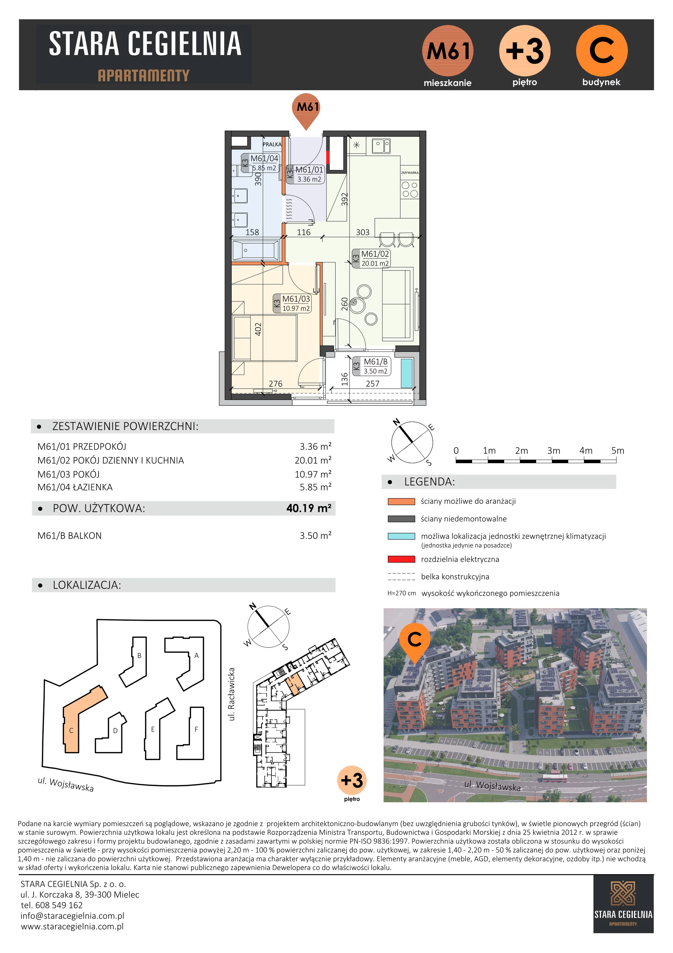 2 pokoje, mieszkanie 40,19 m², piętro 3, oferta nr C/M61/3, Stara Cegielnia etap III, Mielec, ul. Wojsławska 1