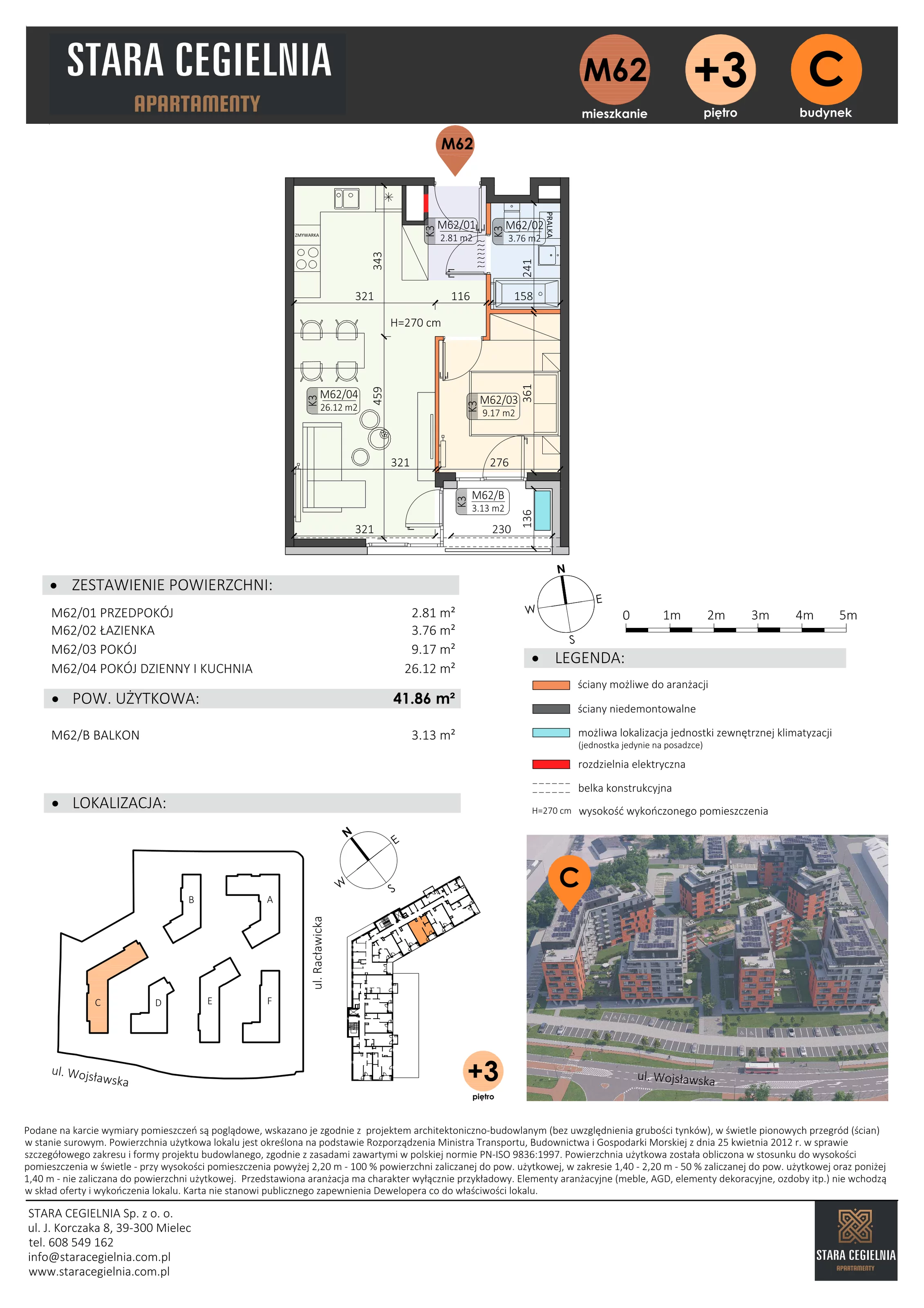 2 pokoje, mieszkanie 41,86 m², piętro 3, oferta nr C/M62/3, Stara Cegielnia etap III, Mielec, ul. Wojsławska 1