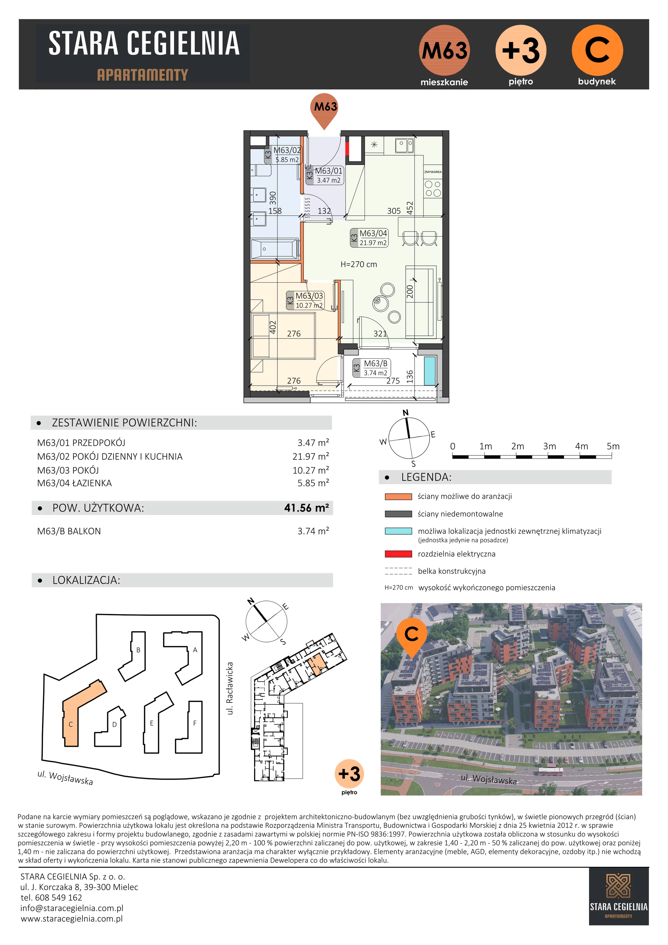 2 pokoje, mieszkanie 41,56 m², piętro 3, oferta nr C/M63/3, Stara Cegielnia etap III, Mielec, ul. Wojsławska 1