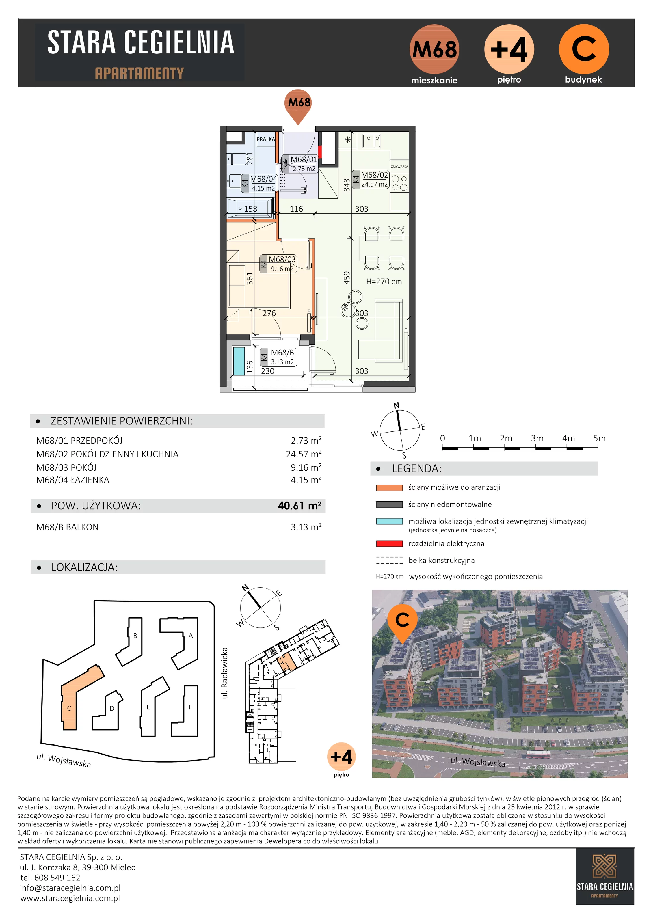 2 pokoje, mieszkanie 40,61 m², piętro 4, oferta nr C/M68/4, Stara Cegielnia etap III, Mielec, ul. Wojsławska 1