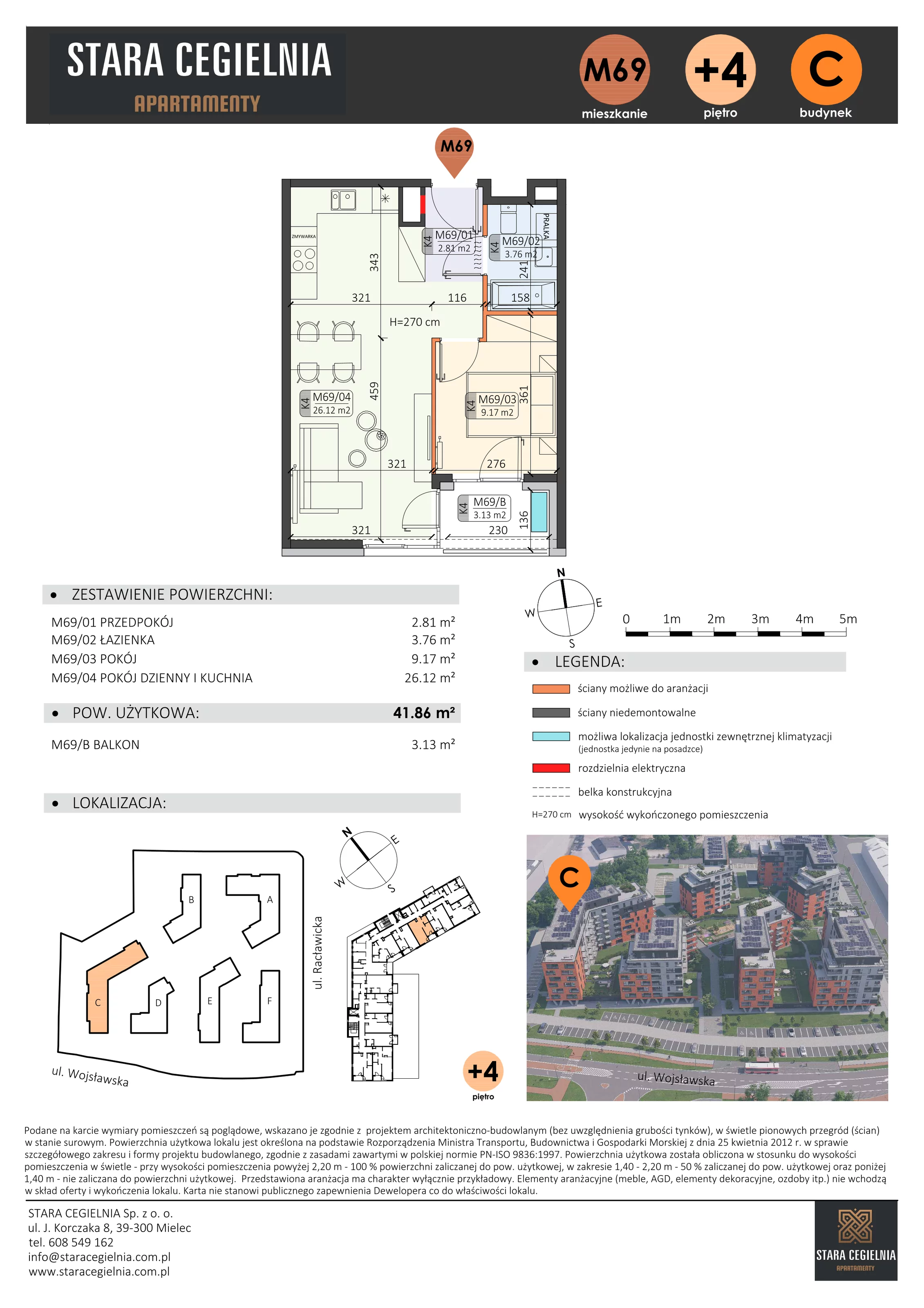 2 pokoje, mieszkanie 41,86 m², piętro 4, oferta nr C/M69/4, Stara Cegielnia etap III, Mielec, ul. Wojsławska 1