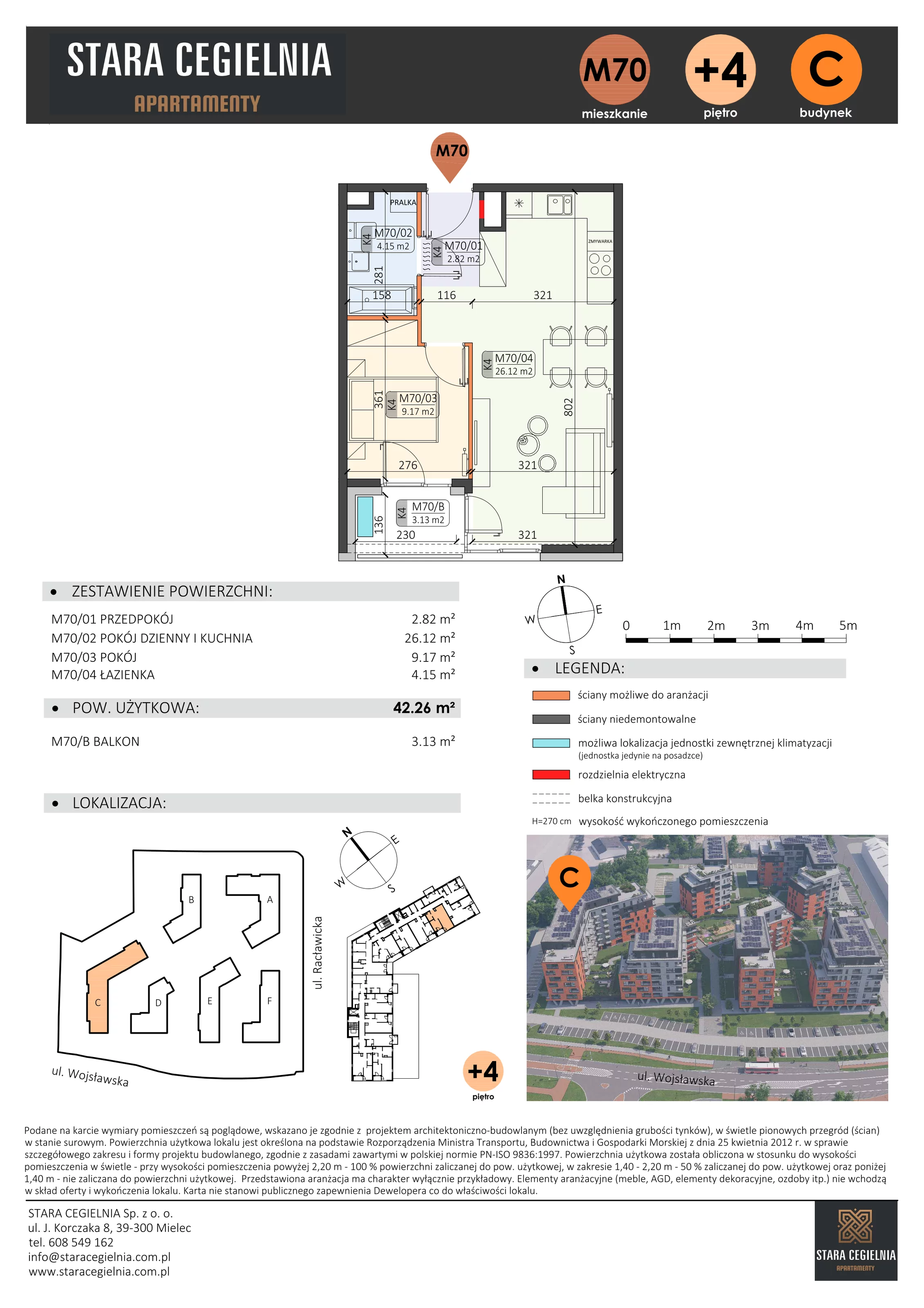 2 pokoje, mieszkanie 42,26 m², piętro 4, oferta nr C/M70/4, Stara Cegielnia etap III, Mielec, ul. Wojsławska 1