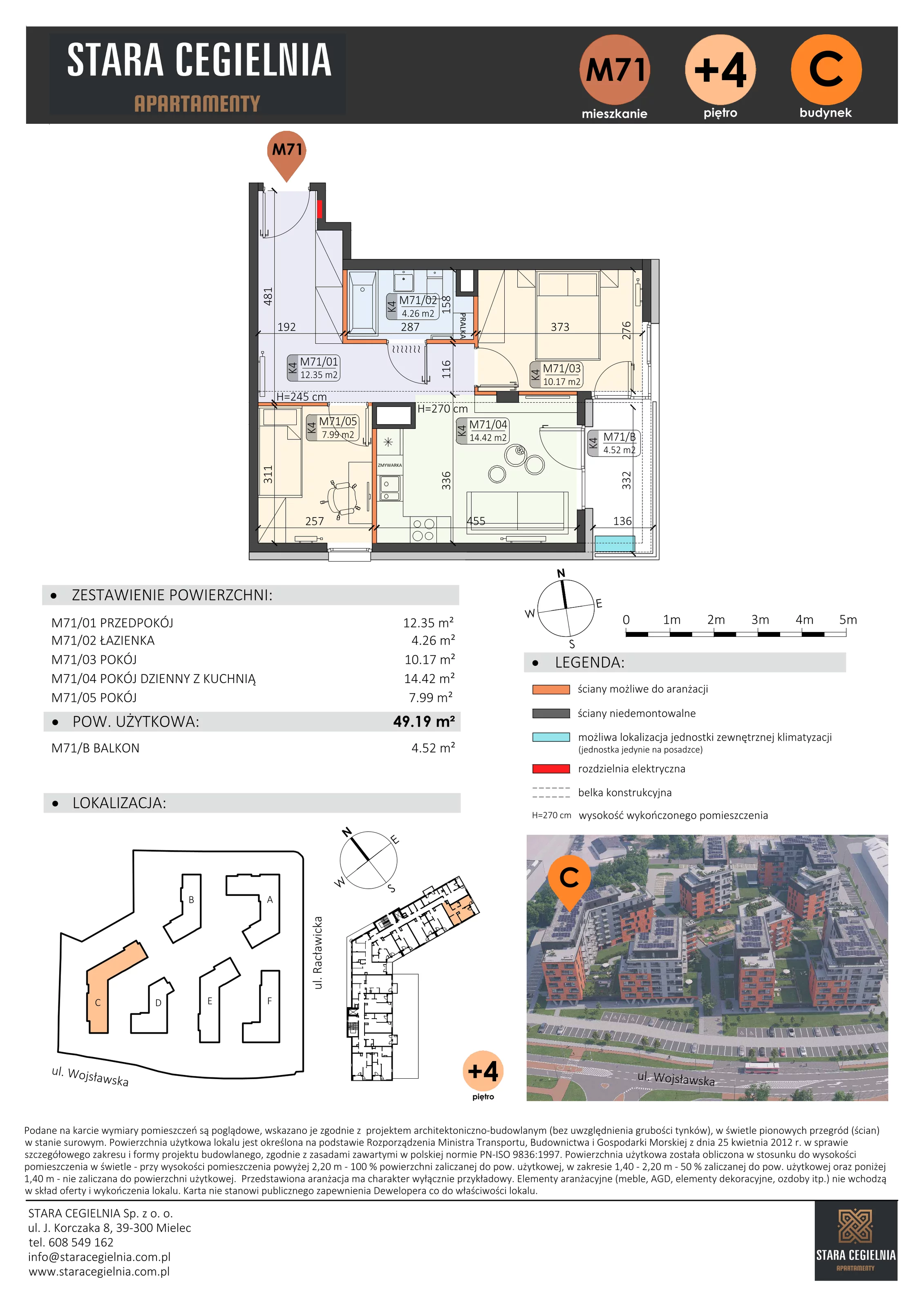 3 pokoje, mieszkanie 49,72 m², piętro 4, oferta nr C/M71/4, Stara Cegielnia etap III, Mielec, ul. Wojsławska 1